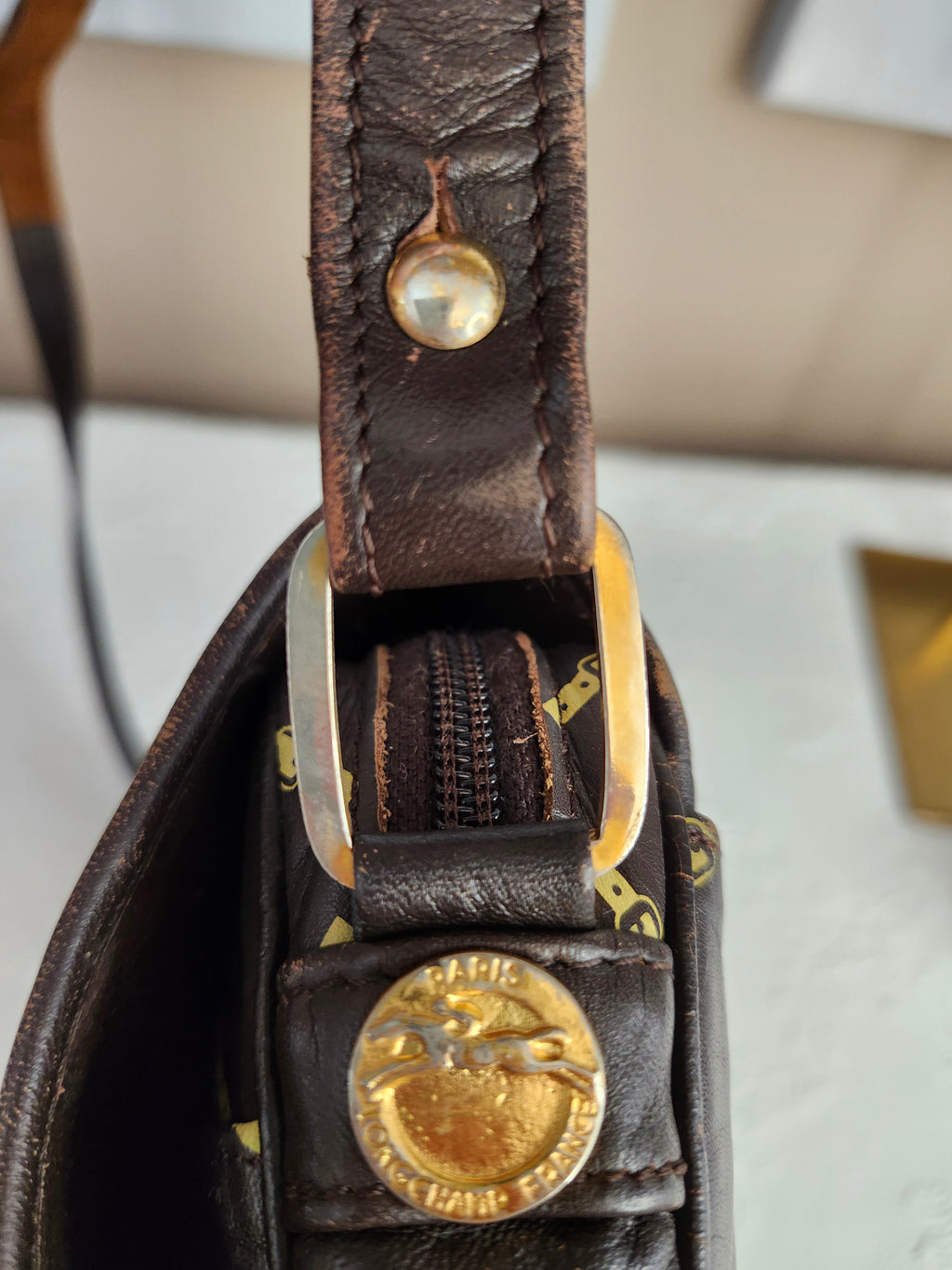 Longchamp Vintage Brown Leather Horse Bit Pattern Shoulder Bag