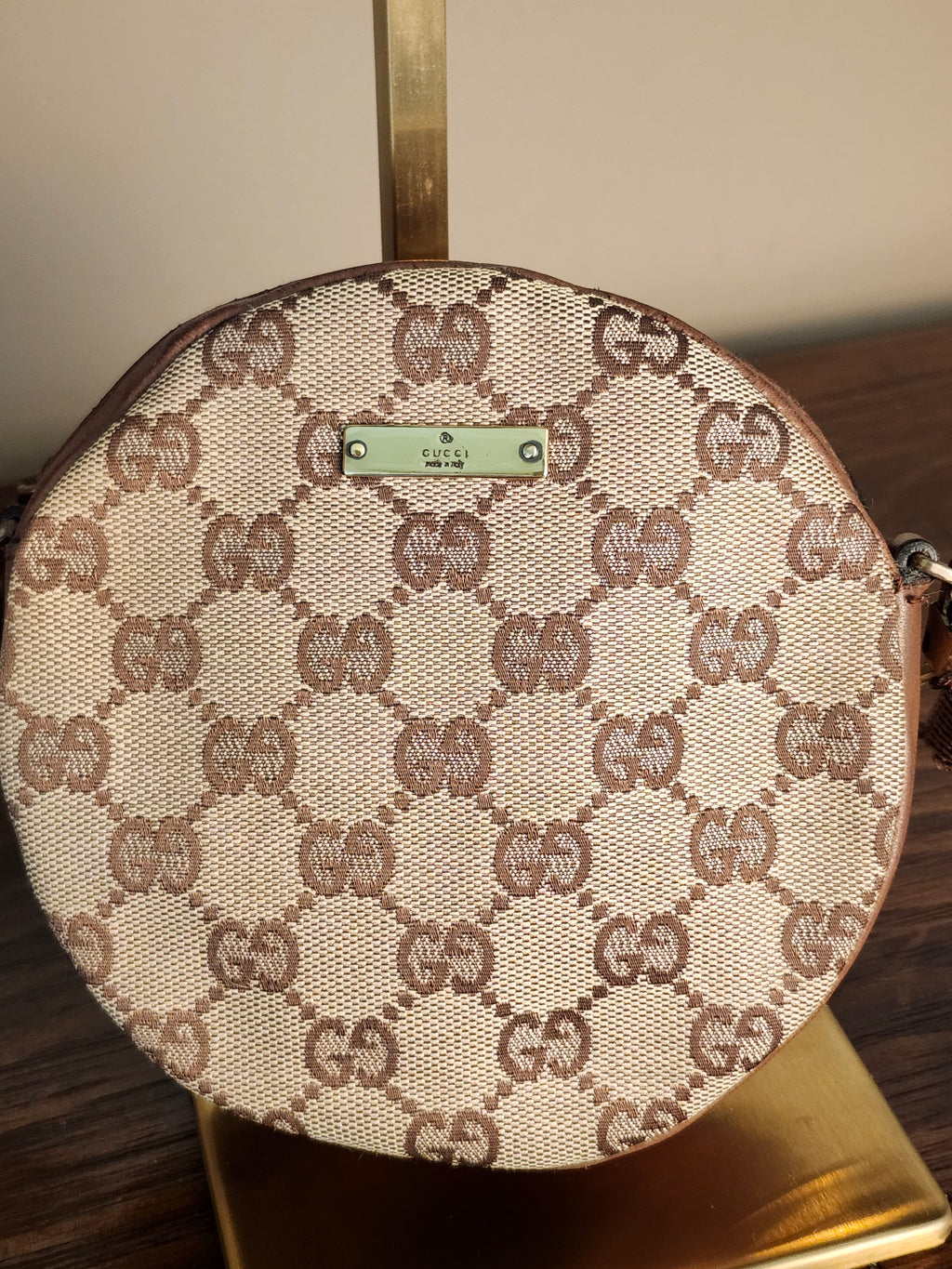 Gucci Bree Beige and Brown GG Canvas and Leather Round Circle Crossbody Bag