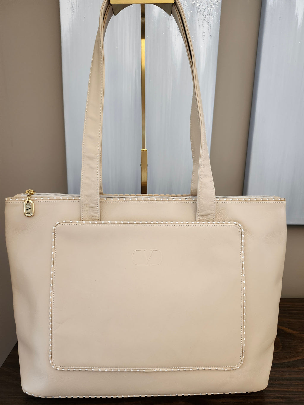 Valentino Garavani Calfskin Leather Tote in Beige