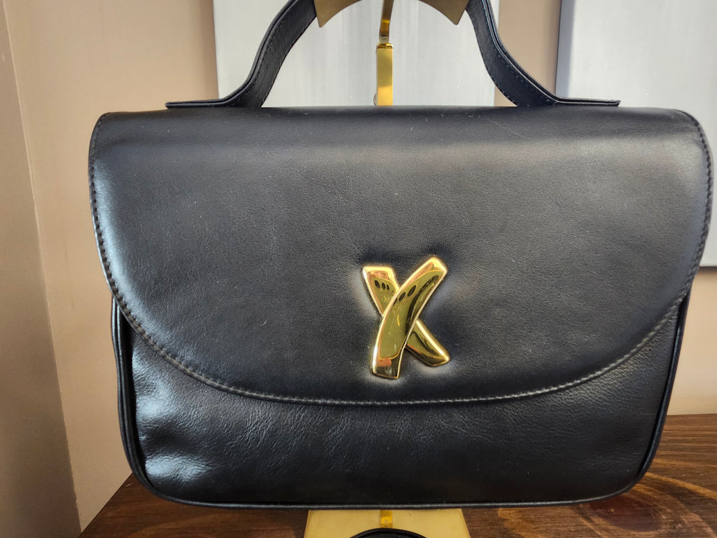 Paloma Picasso By Tiffany Black Leather 2 Way Hand Shoulder Bag with Gold Accent