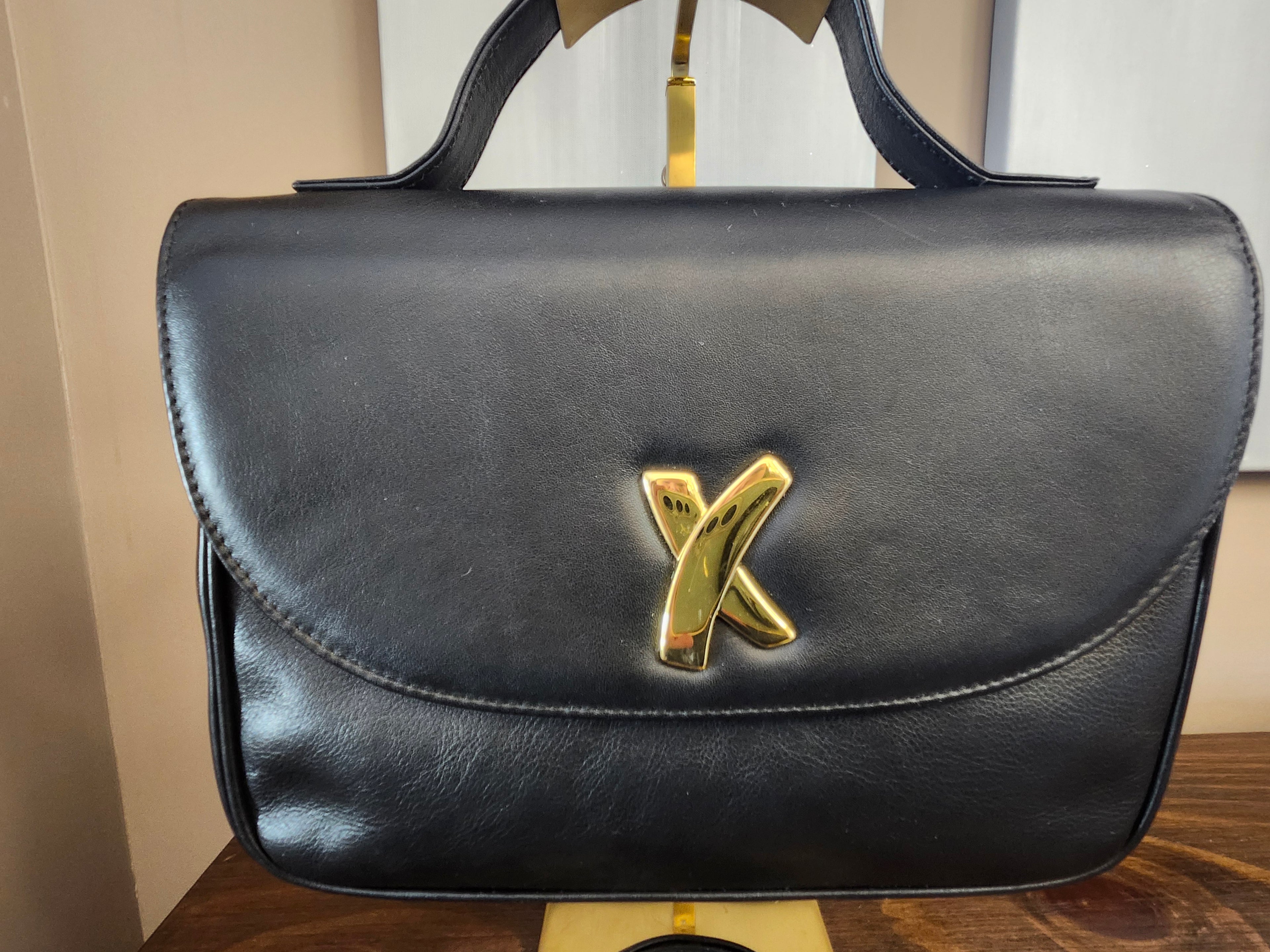 Paloma Picasso By Tiffany Black Leather 2 Way Hand Shoulder Bag with Gold Accent