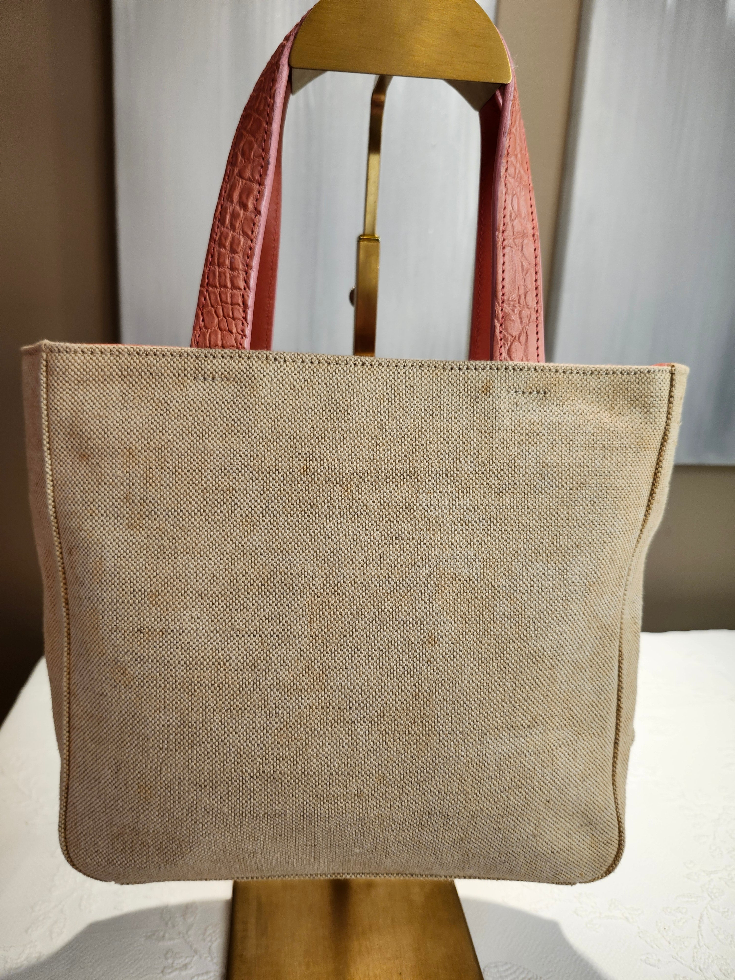 Prada Canvas Beige and Coral Small Tote Bag