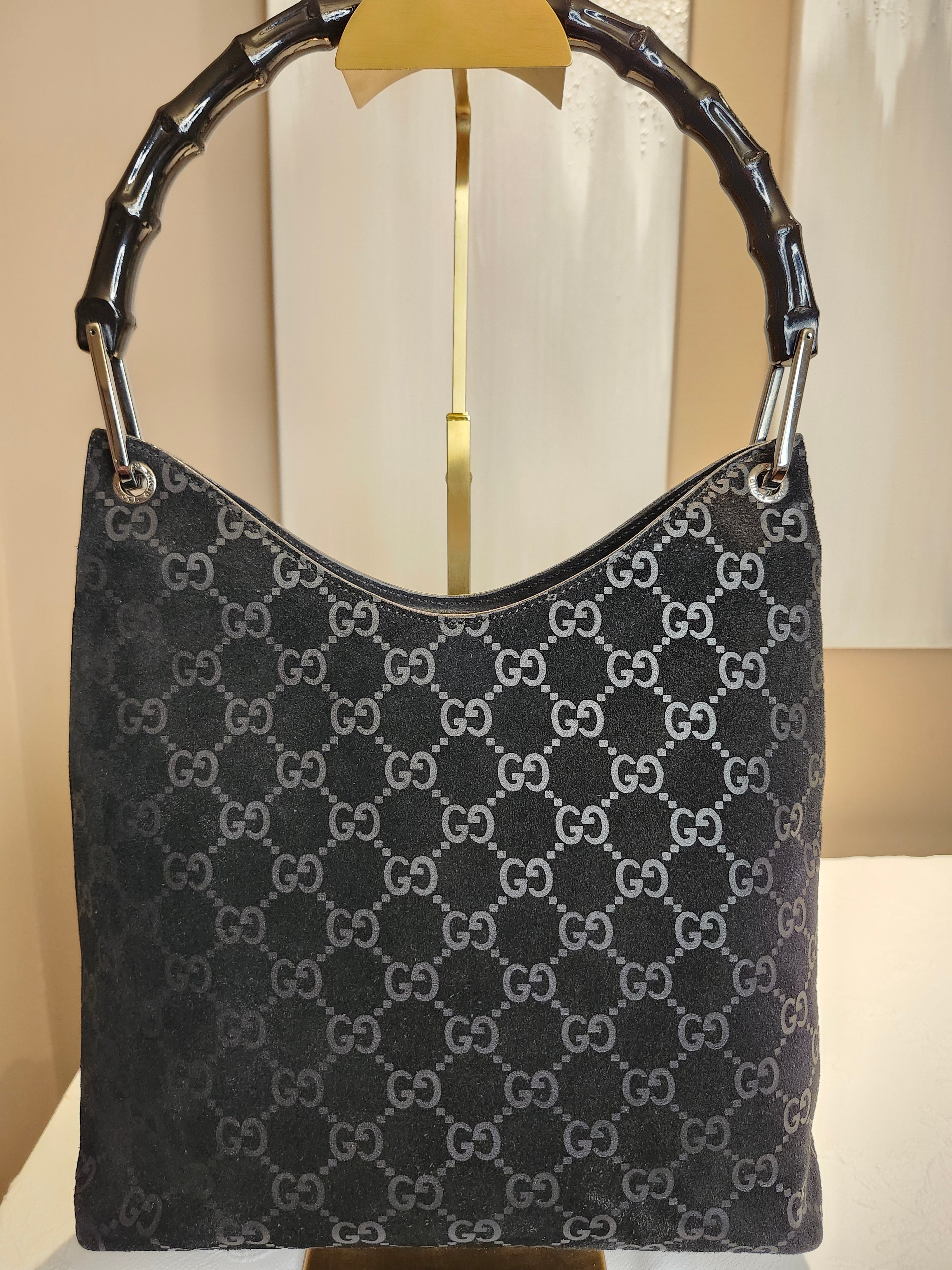 Gucci Black GG Monogram Suede Bamboo Top Handle