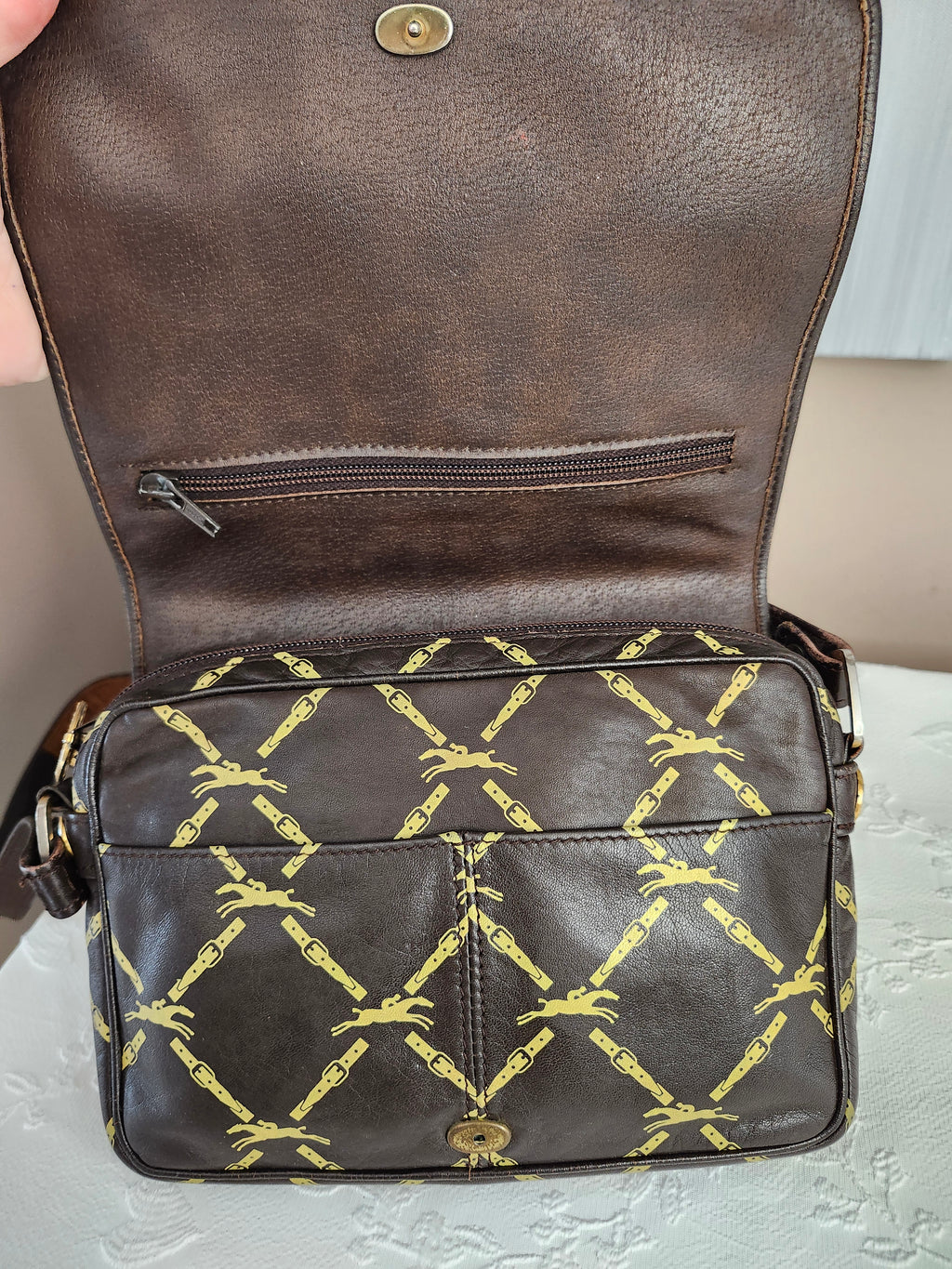 Longchamp Vintage Brown Leather Horse Bit Pattern Shoulder Bag