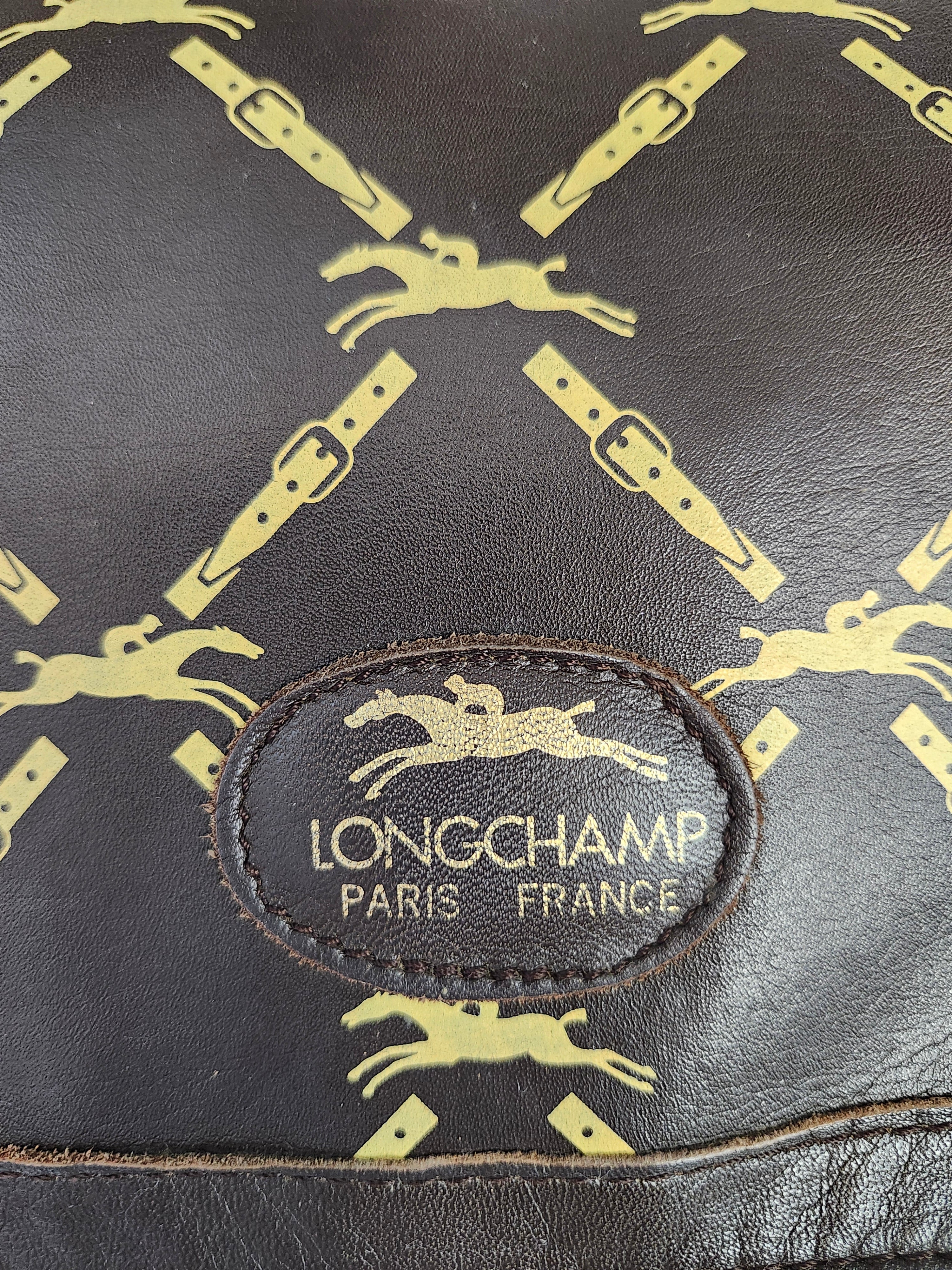 Longchamp Vintage Brown Leather Horse Bit Pattern Shoulder Bag