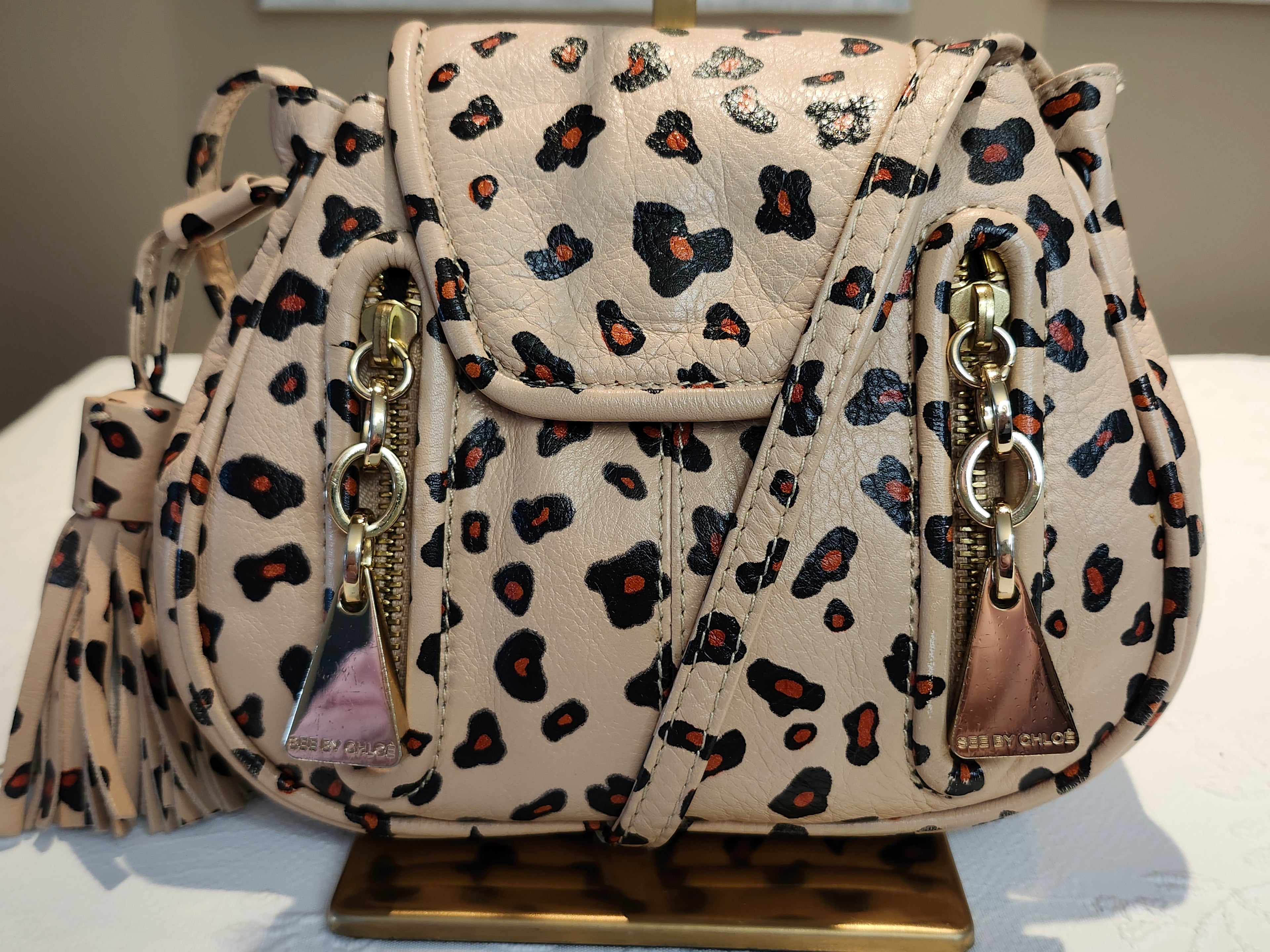 See by Chloe Animal Print Crossbody Hobo Bag with Double Gold Zip Hardware