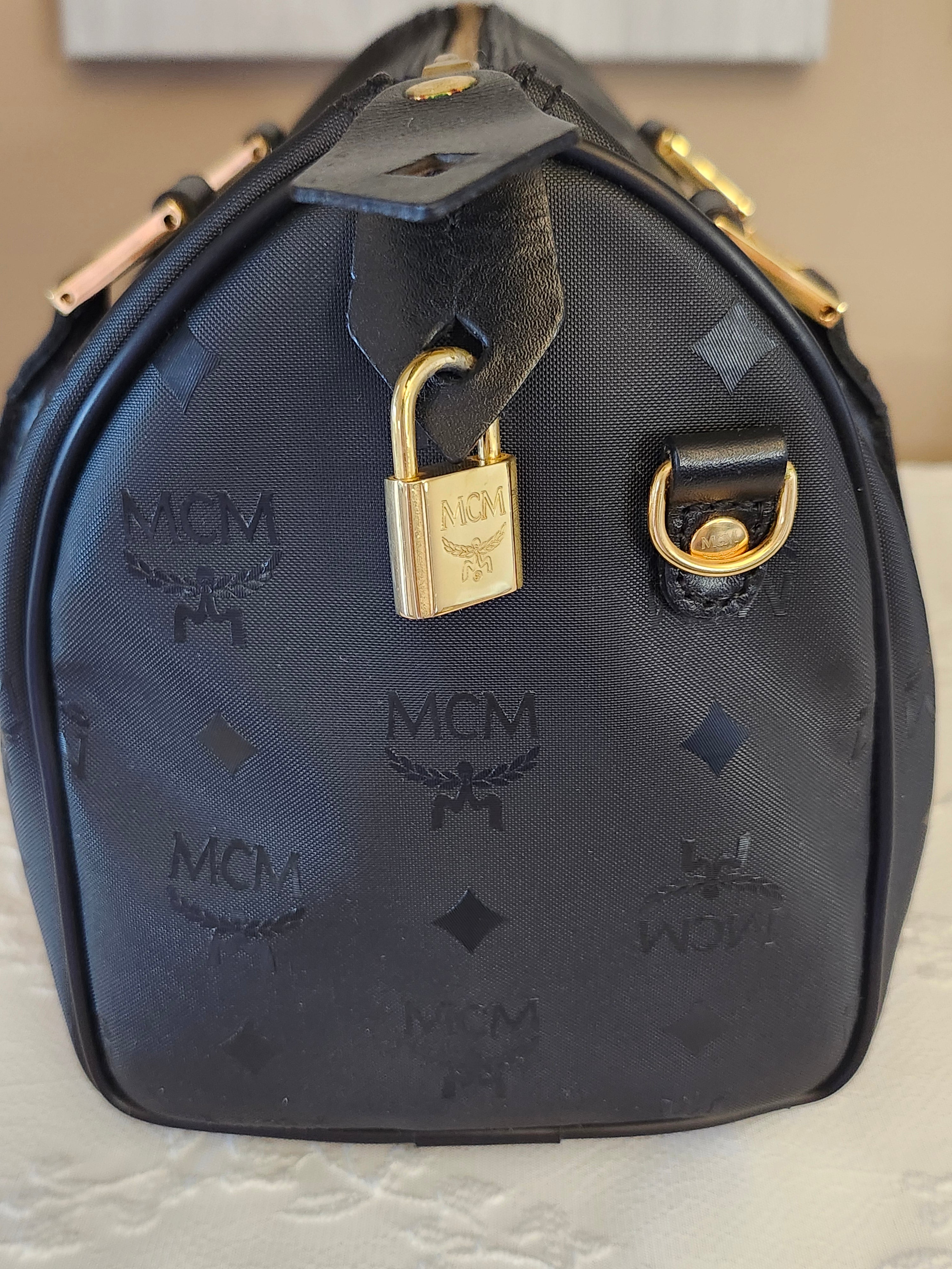 MCM Visetos Monogram Black Boston Bag with Gold Hardware Lock and Keys Included