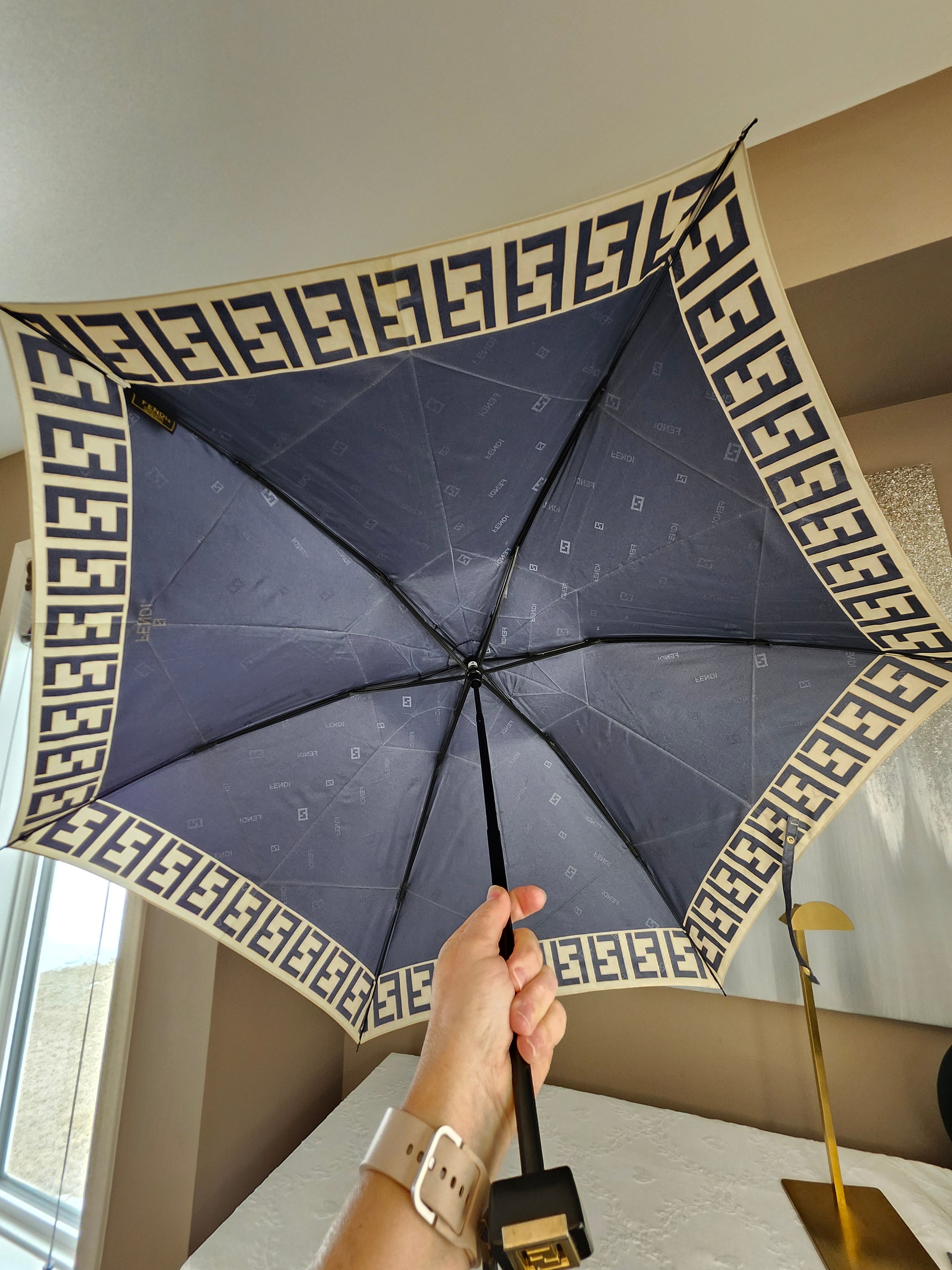Fendi Zucca FF Print Folding Umbrella in Blue and Tan