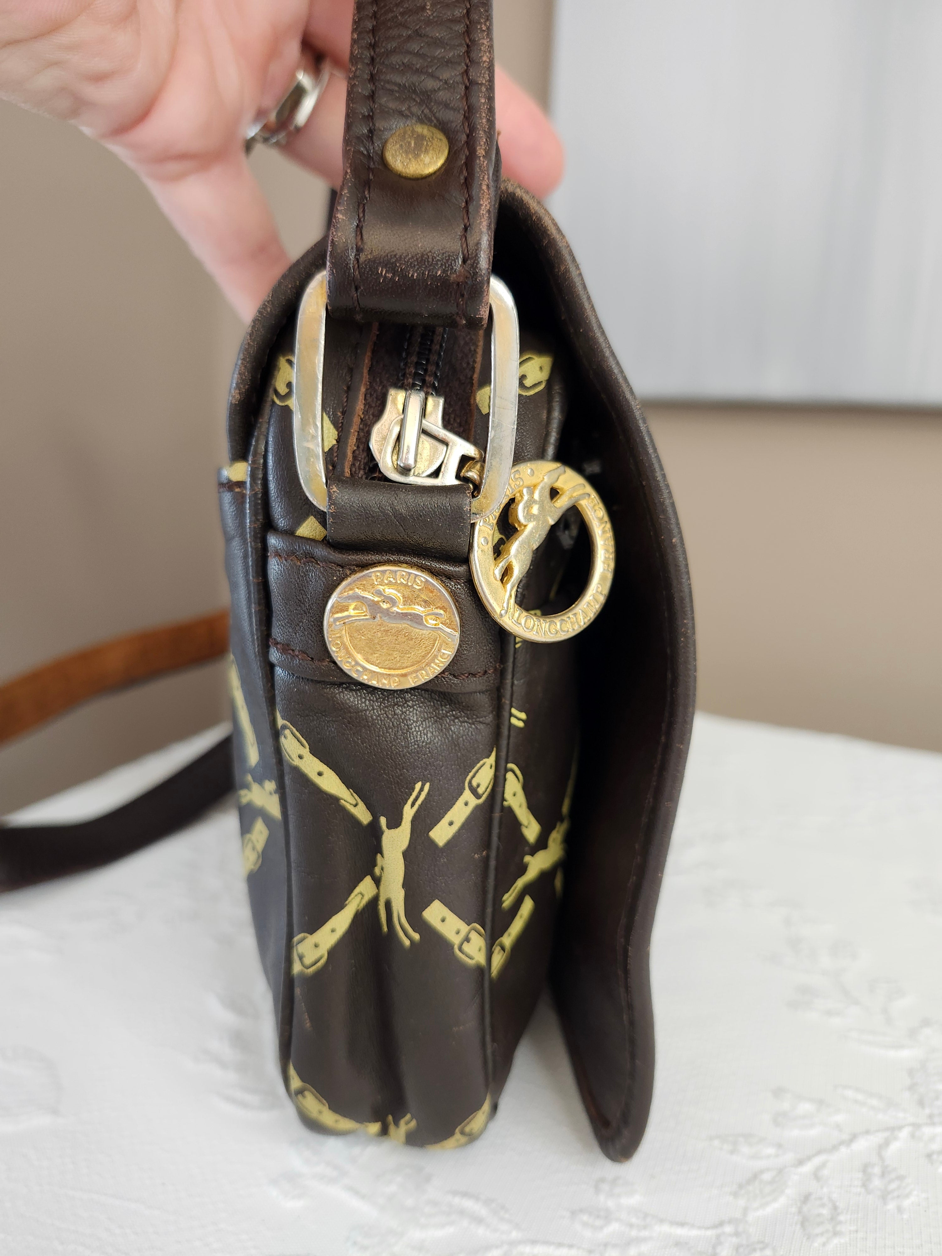 Longchamp Vintage Brown Leather Horse Bit Pattern Shoulder Bag