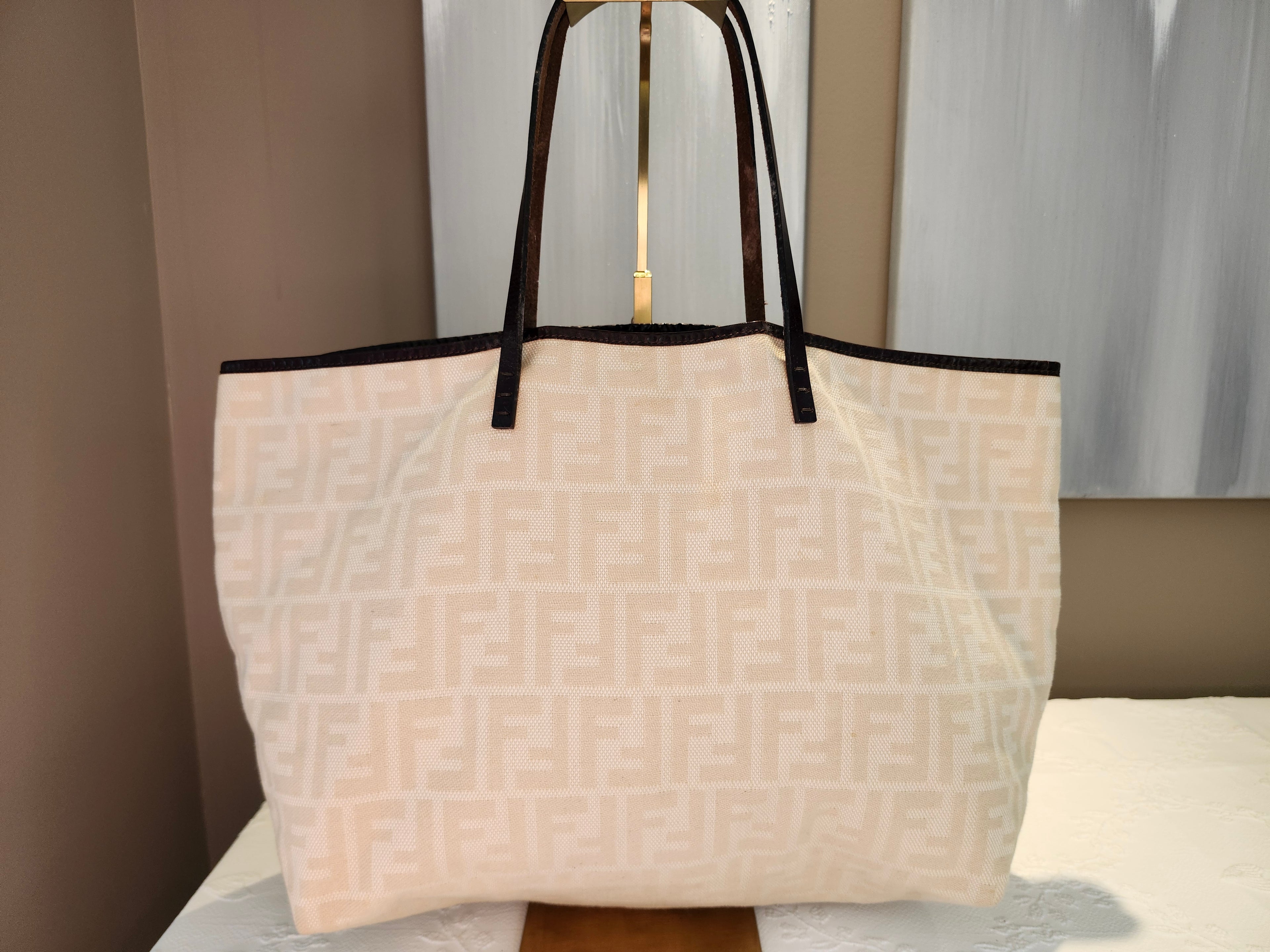 Fendi FF Monogram Cream Neverfull Tote Bag with Leather Pouch Insert