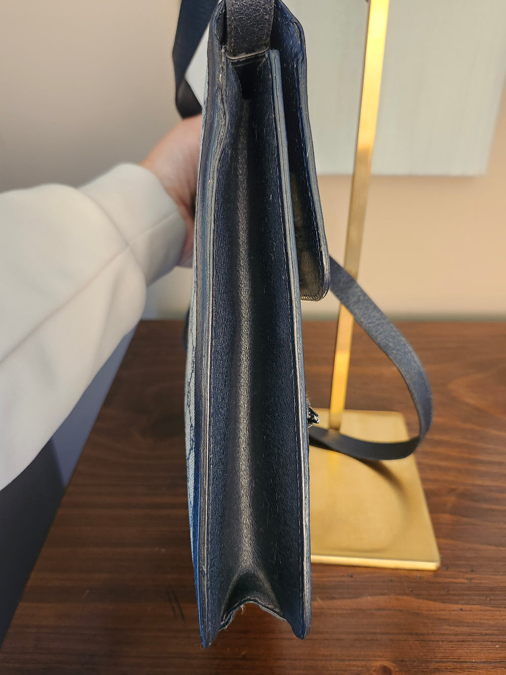 Gucci GG Supreme Sherry Line Stripe Shoulder Bag in Navy Gray, Gold and Red