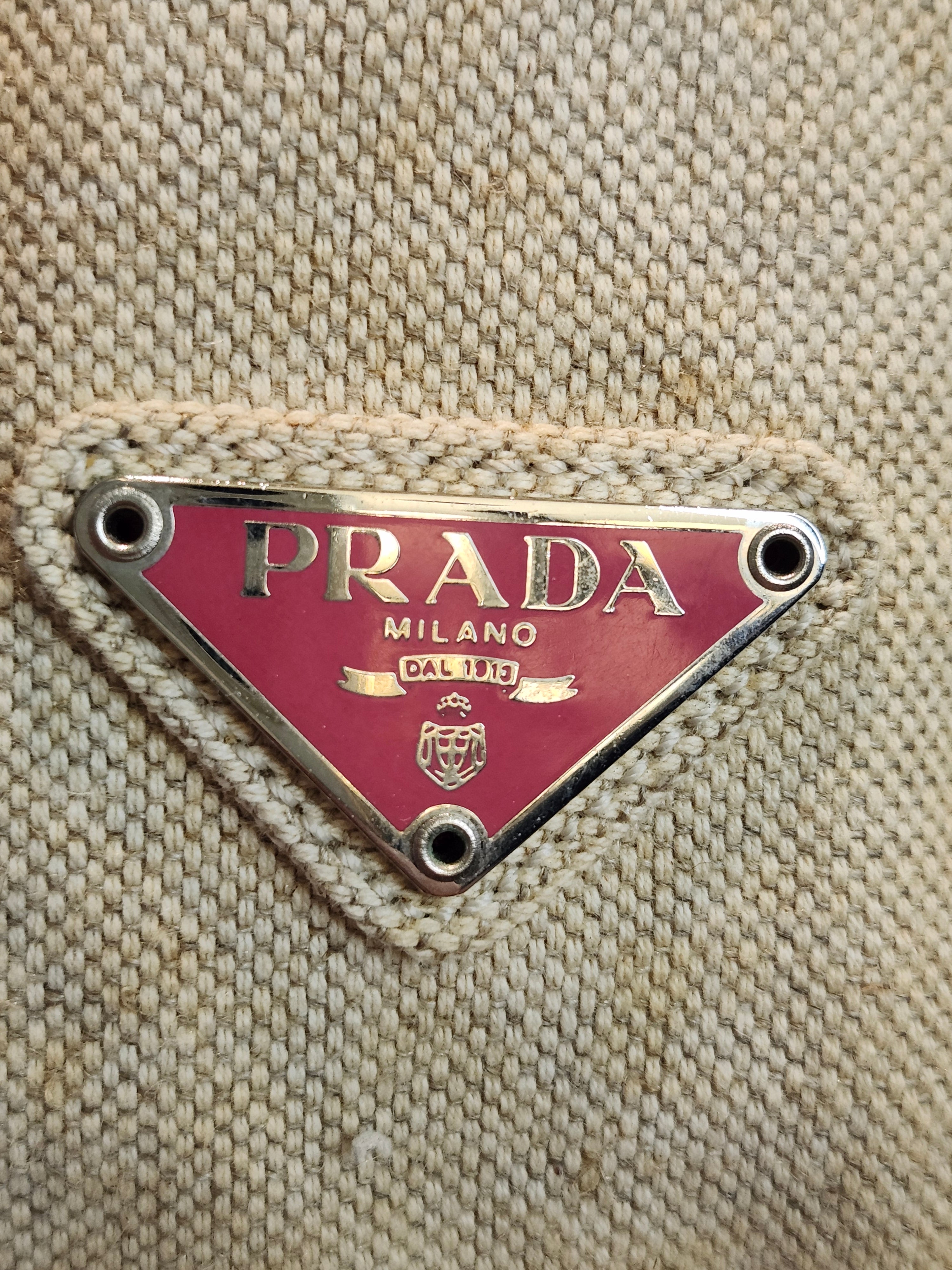 Prada Canvas Beige and Coral Small Tote Bag
