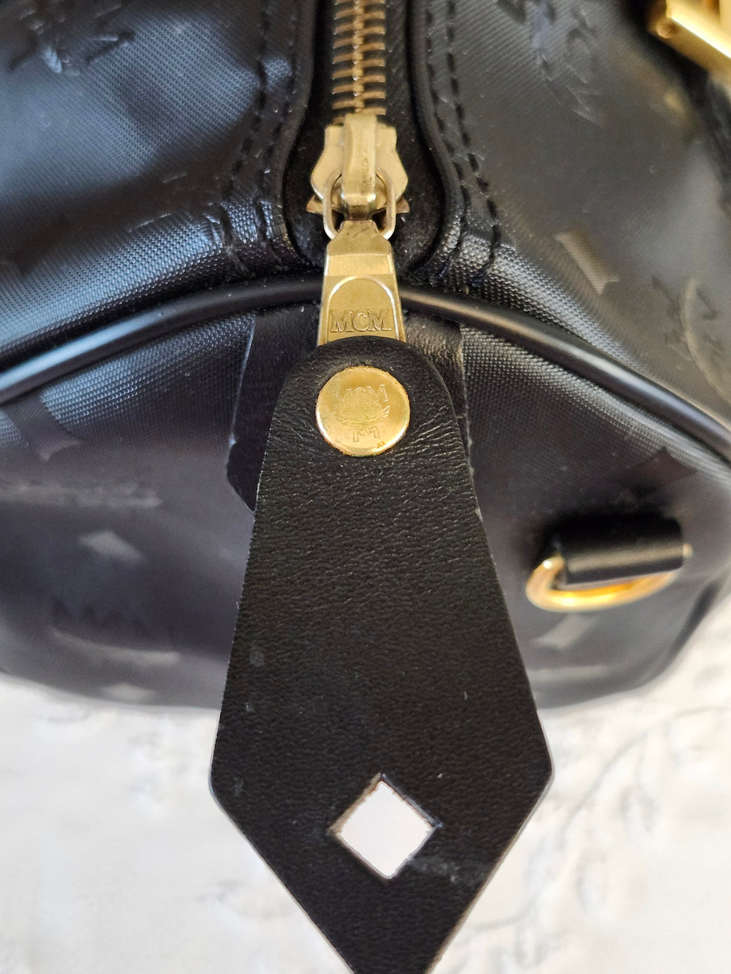 MCM Visetos Monogram Black Boston Bag with Gold Hardware Lock and Keys Included