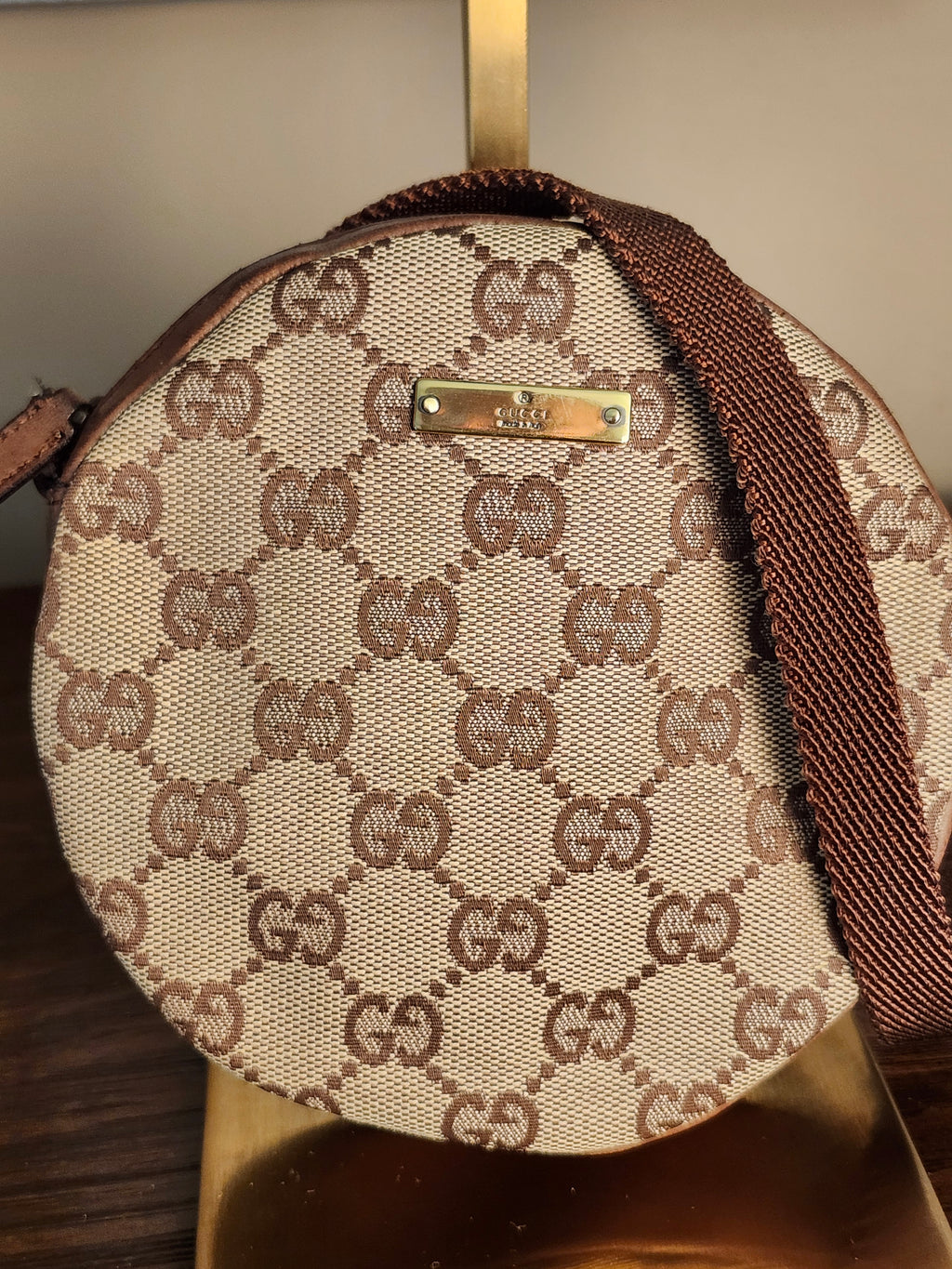Gucci Bree Beige and Brown GG Canvas and Leather Round Circle Crossbody Bag