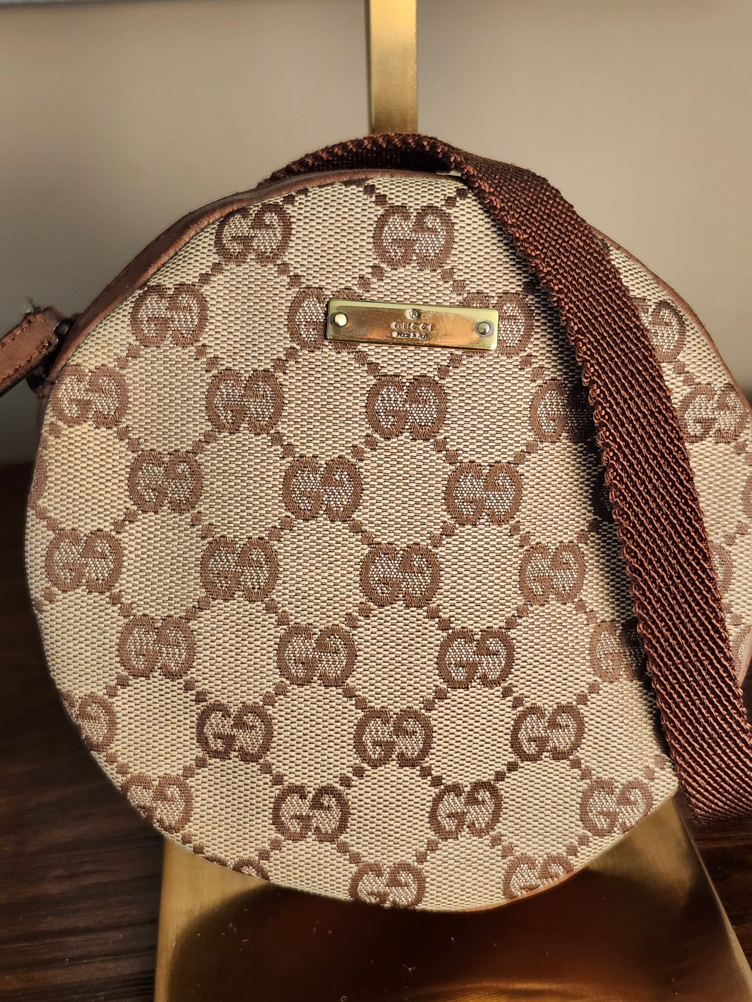Gucci Bree Beige and Brown GG Canvas and Leather Round Circle Crossbody Bag
