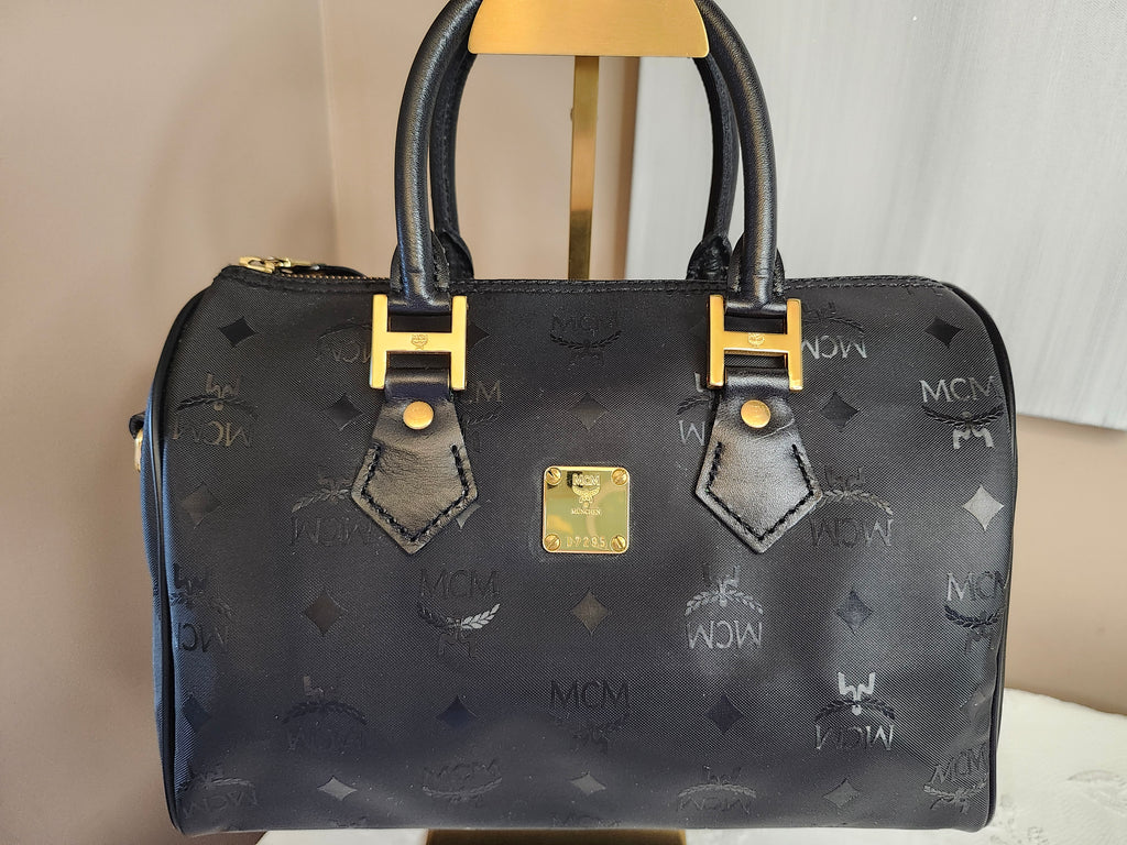 MCM Visetos Monogram Black Boston Bag with Gold Hardware Lock and Keys Included