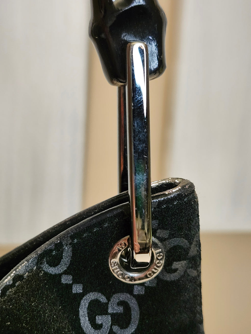 Gucci Black GG Monogram Suede Bamboo Top Handle