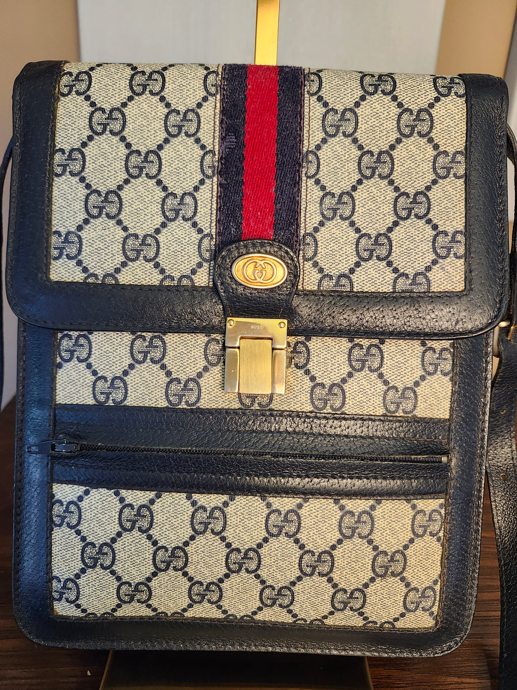 Gucci GG Supreme Sherry Line Stripe Shoulder Bag in Navy Gray, Gold and Red