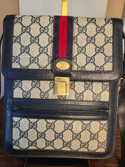 Gucci GG Supreme Sherry Line Stripe Shoulder Bag in Navy Gray, Gold and Red