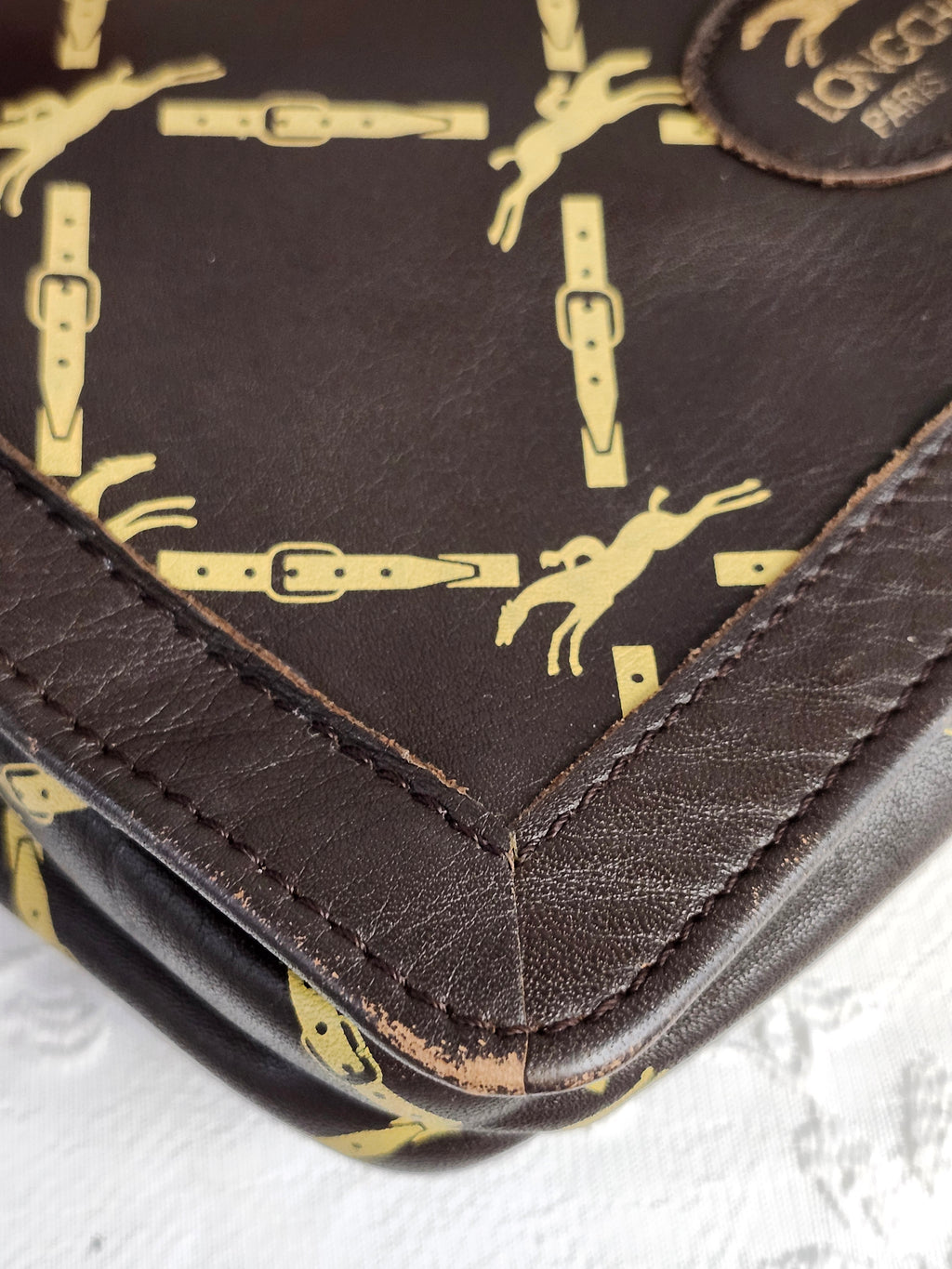 Longchamp Vintage Brown Leather Horse Bit Pattern Shoulder Bag