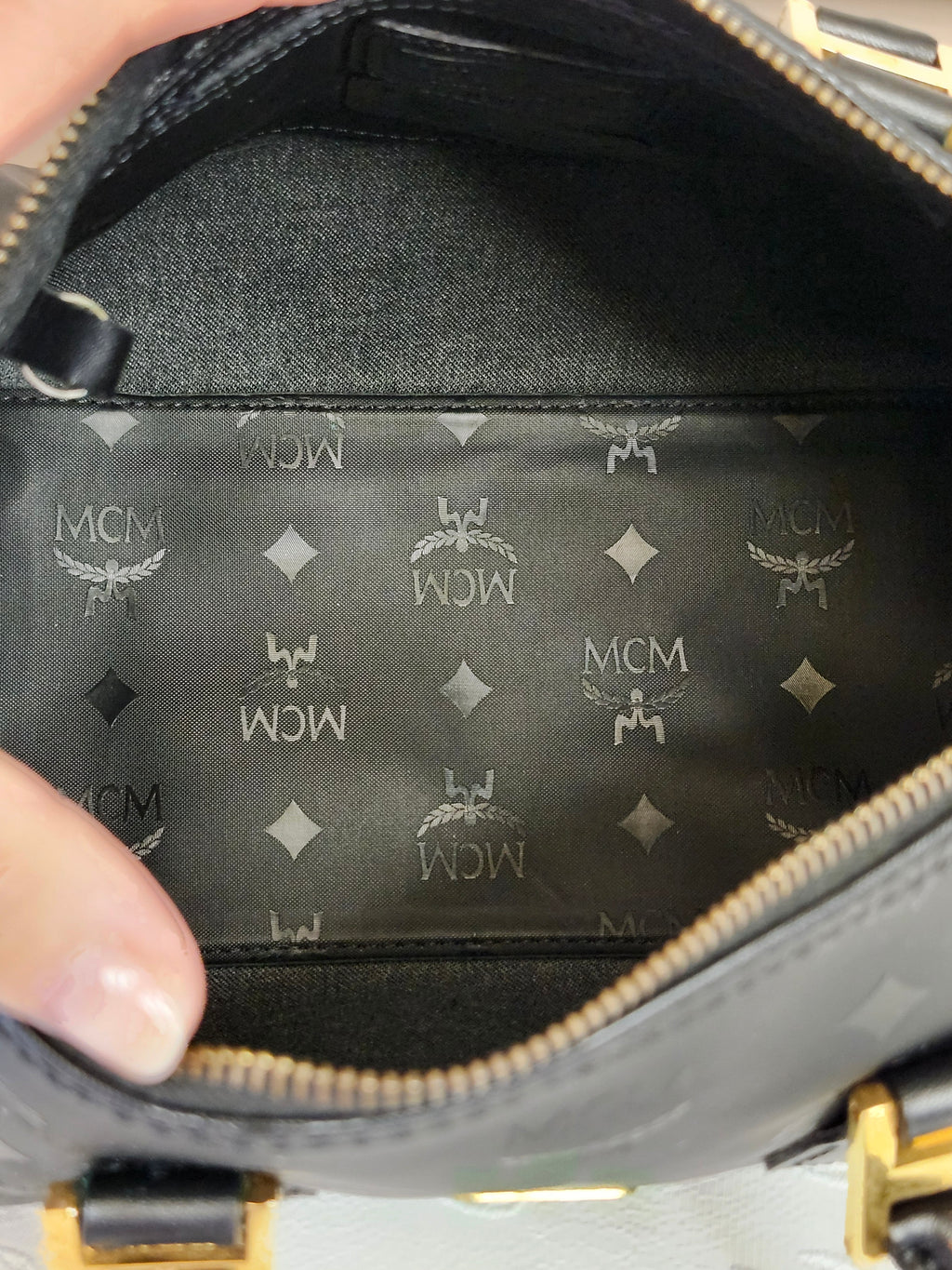 MCM Visetos Monogram Black Boston Bag with Gold Hardware Lock and Keys Included