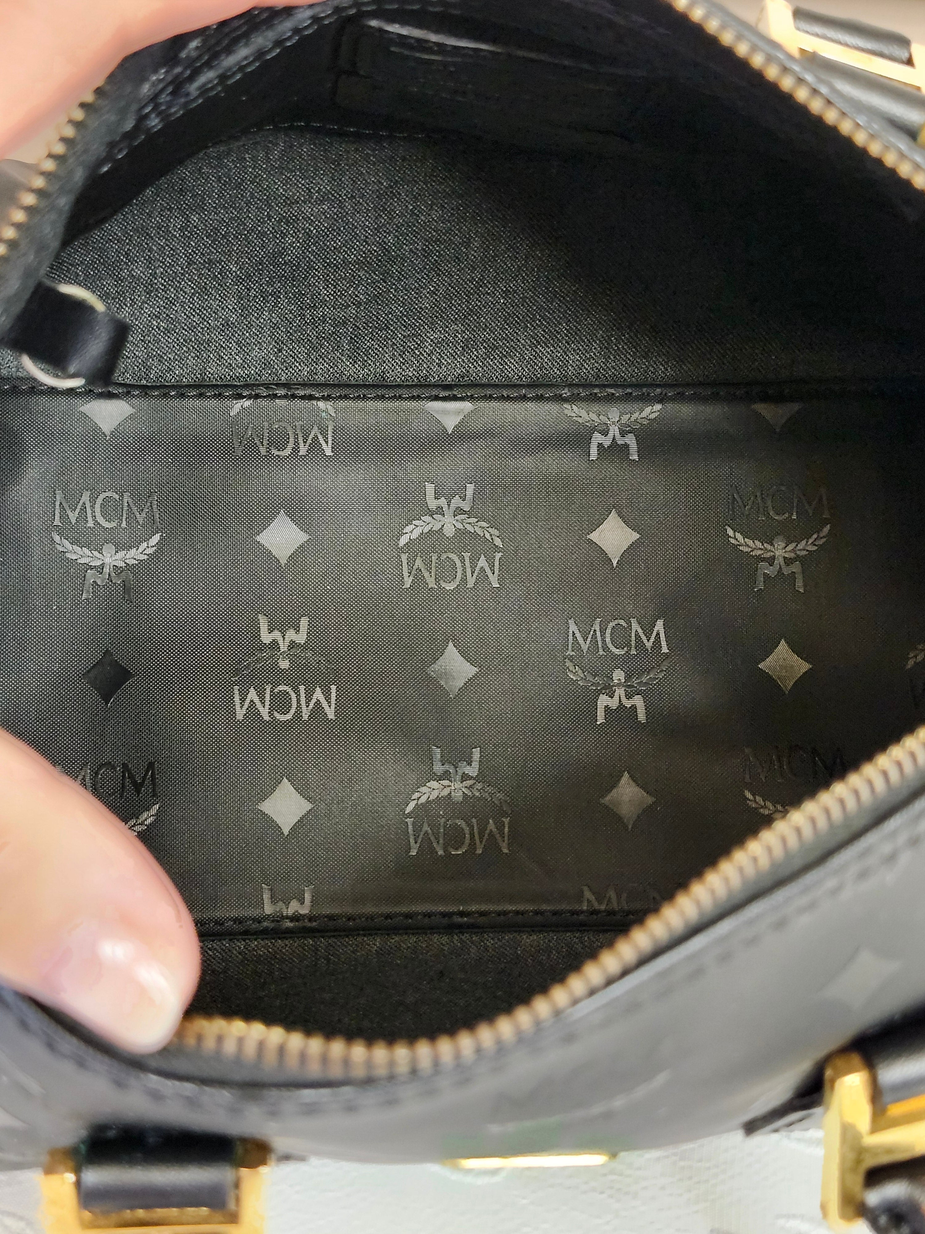 MCM Visetos Monogram Black Boston Bag with Gold Hardware Lock and Keys Included