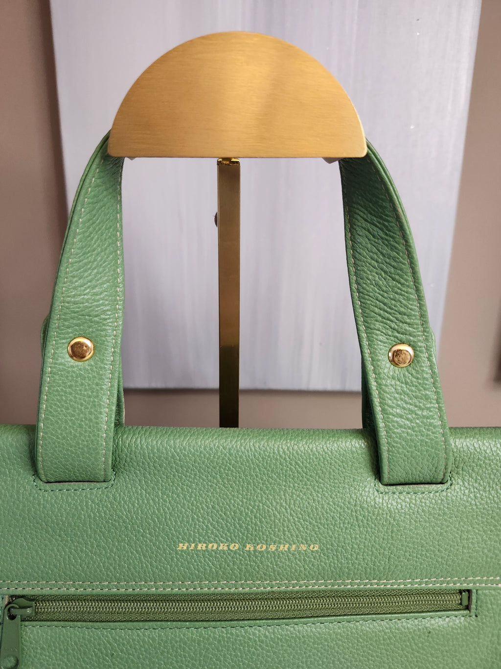 Hiroko Koshino Green Leather Handbag with Gold Hardware