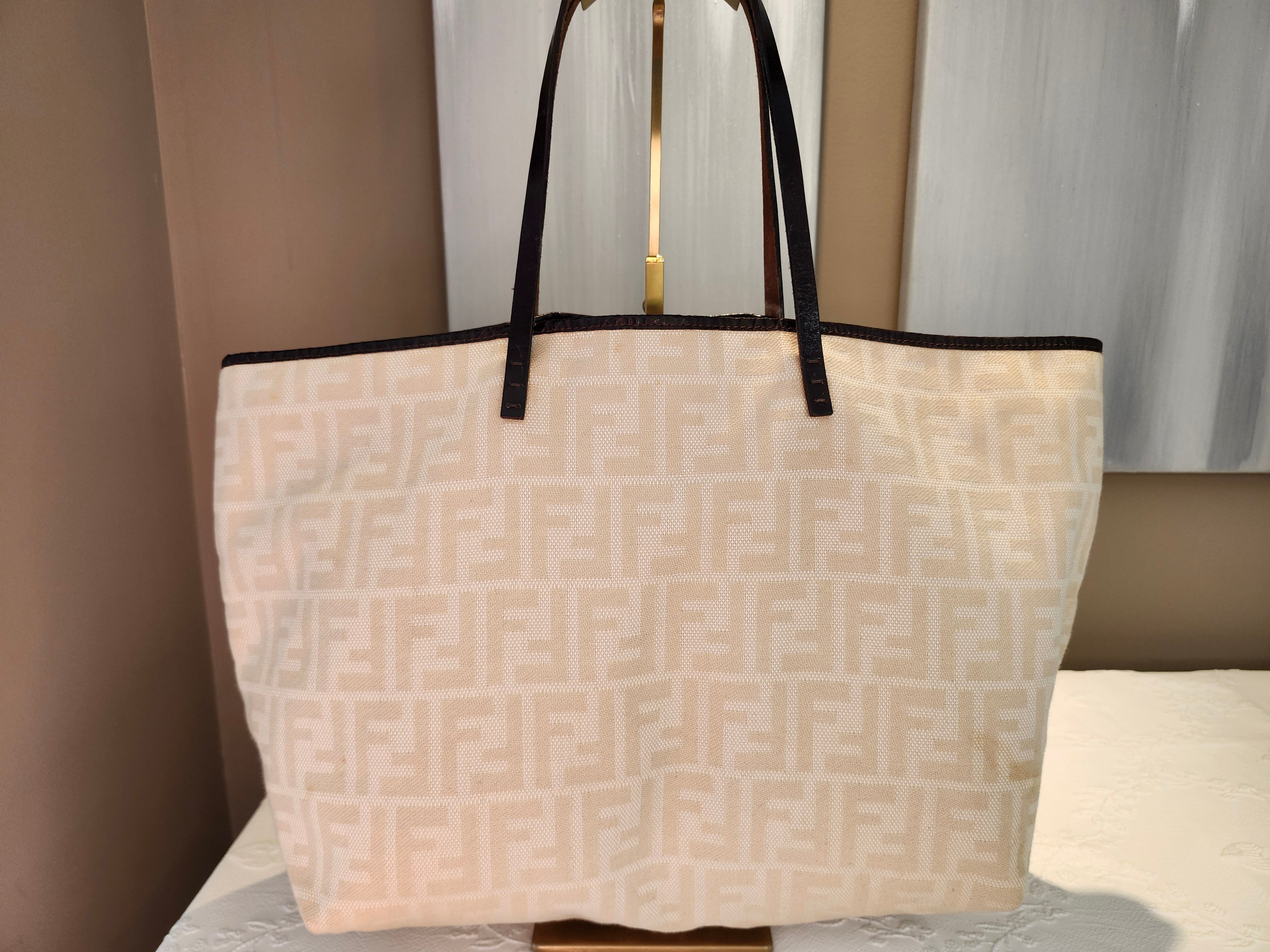 Fendi FF Monogram Cream Neverfull Tote Bag with Leather Pouch Insert