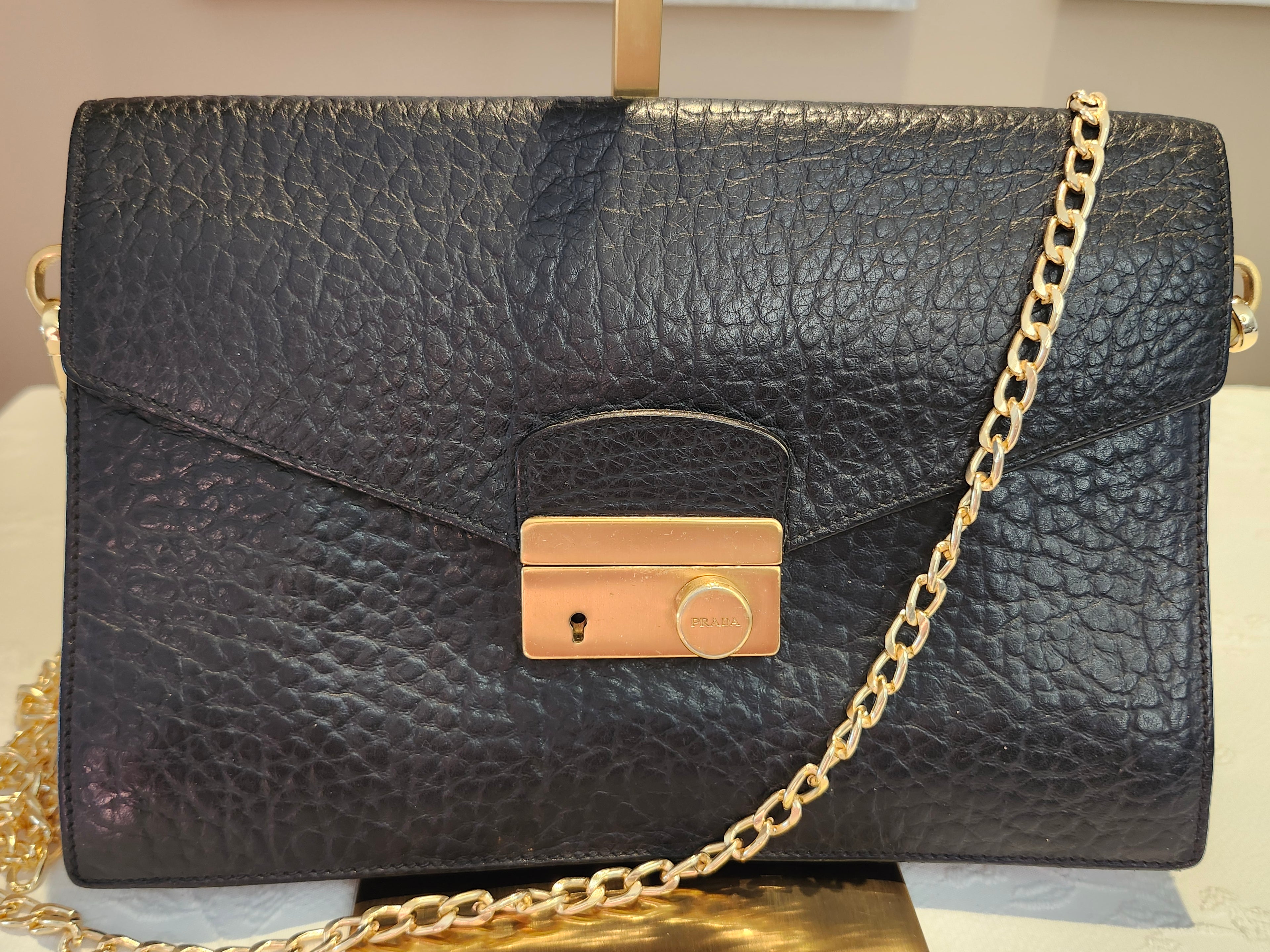 Prada Black Pebbled Leather Clutch or Crossbody Bag