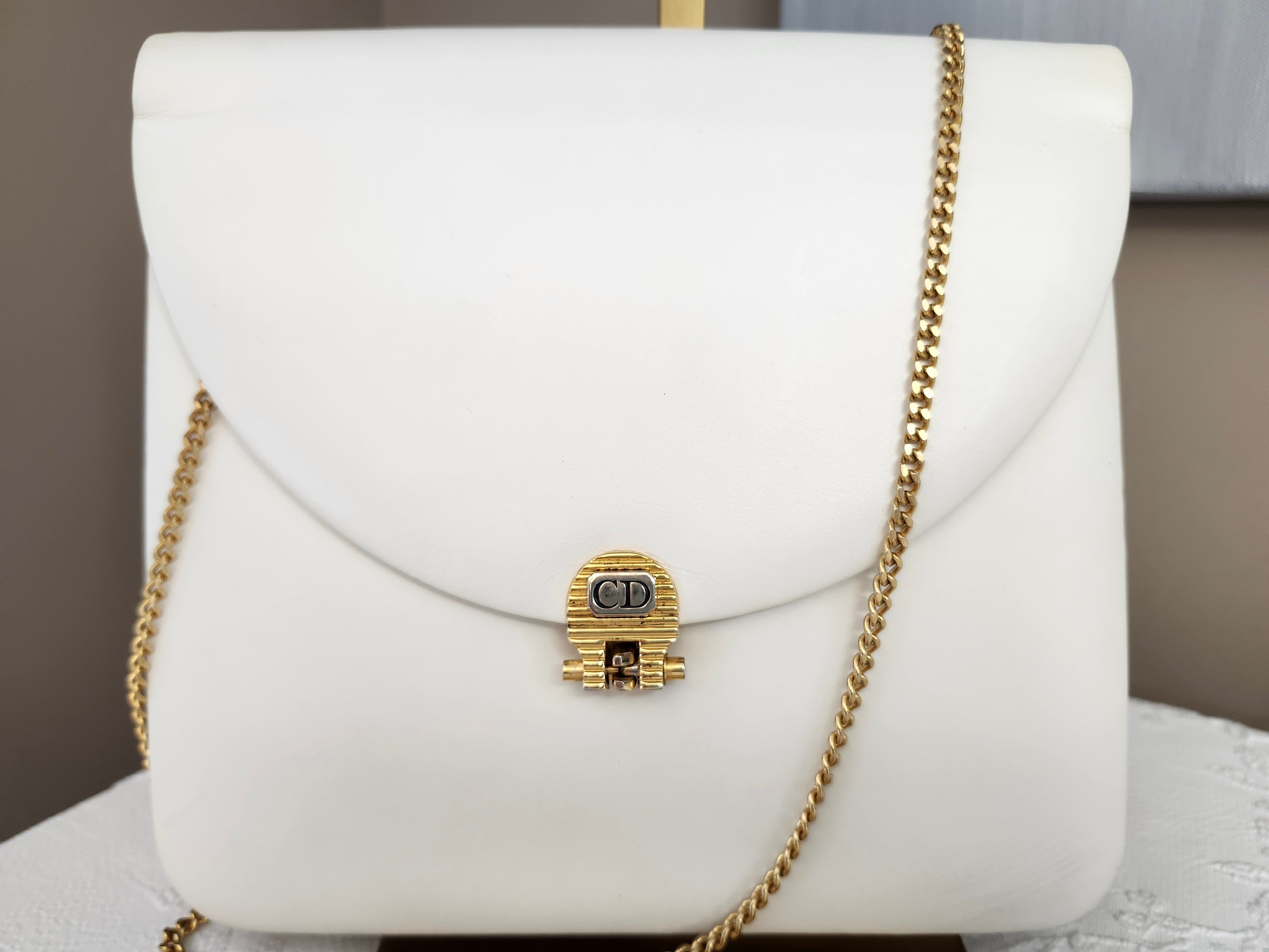 Christian Dior Calfskin White Leather Crossbody Chain Bag with Gold CD Clasp