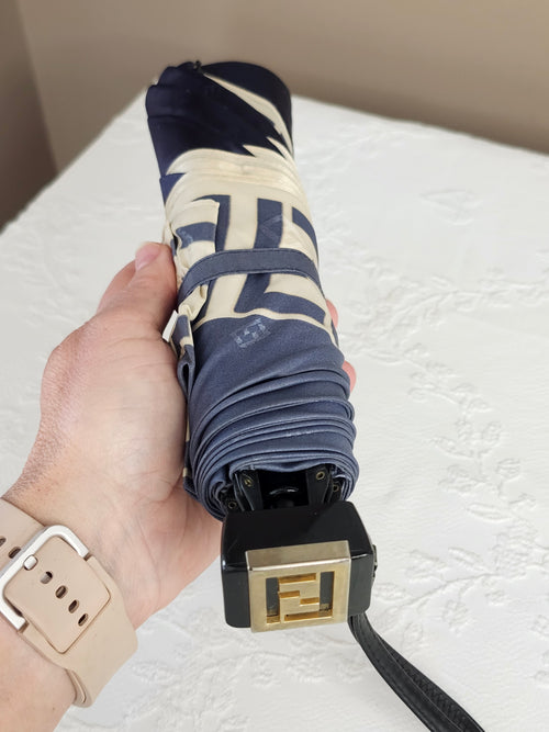 Fendi Zucca FF Print Folding Umbrella in Blue and Tan