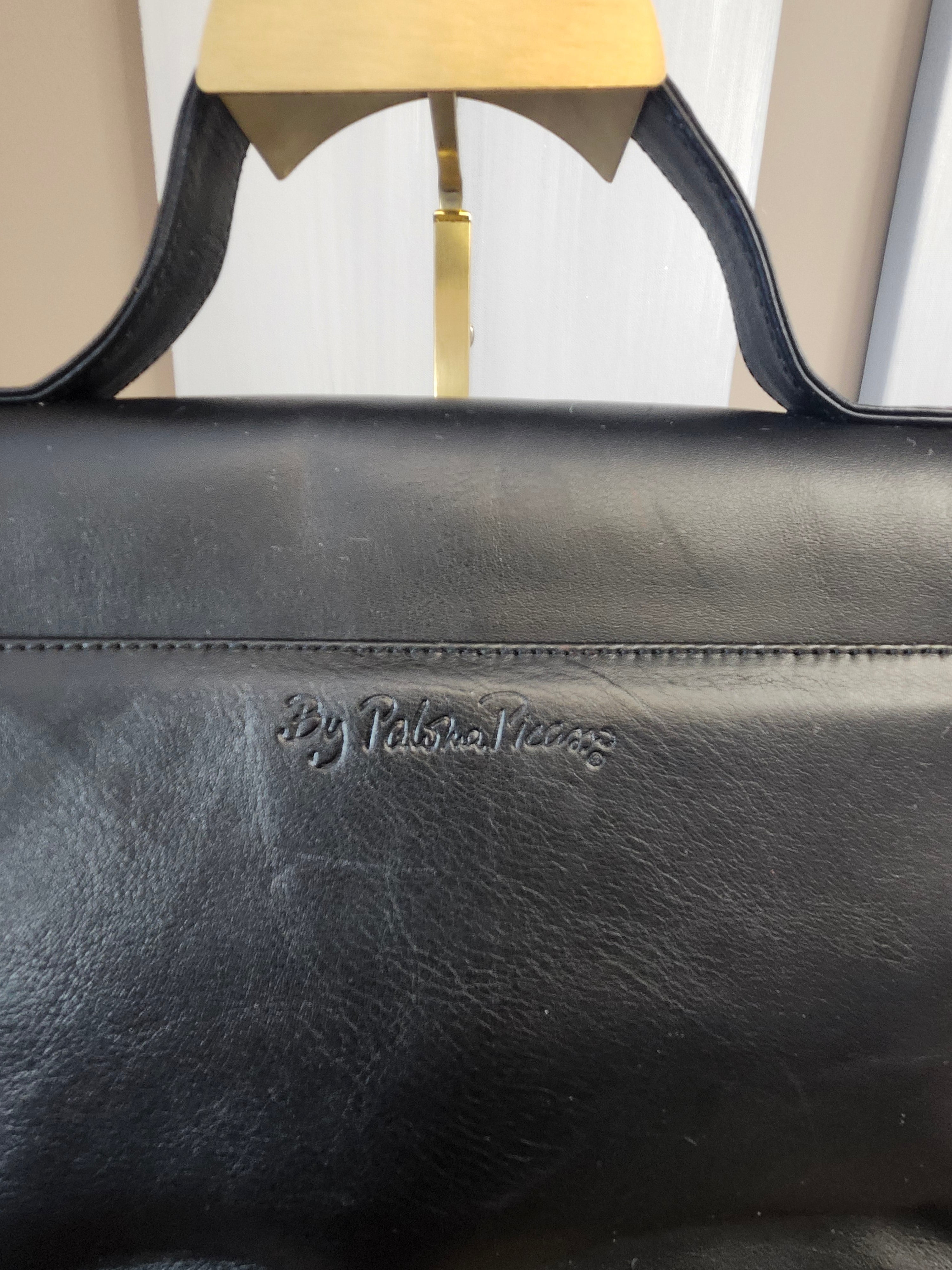 Paloma Picasso By Tiffany Black Leather 2 Way Hand Shoulder Bag with Gold Accent