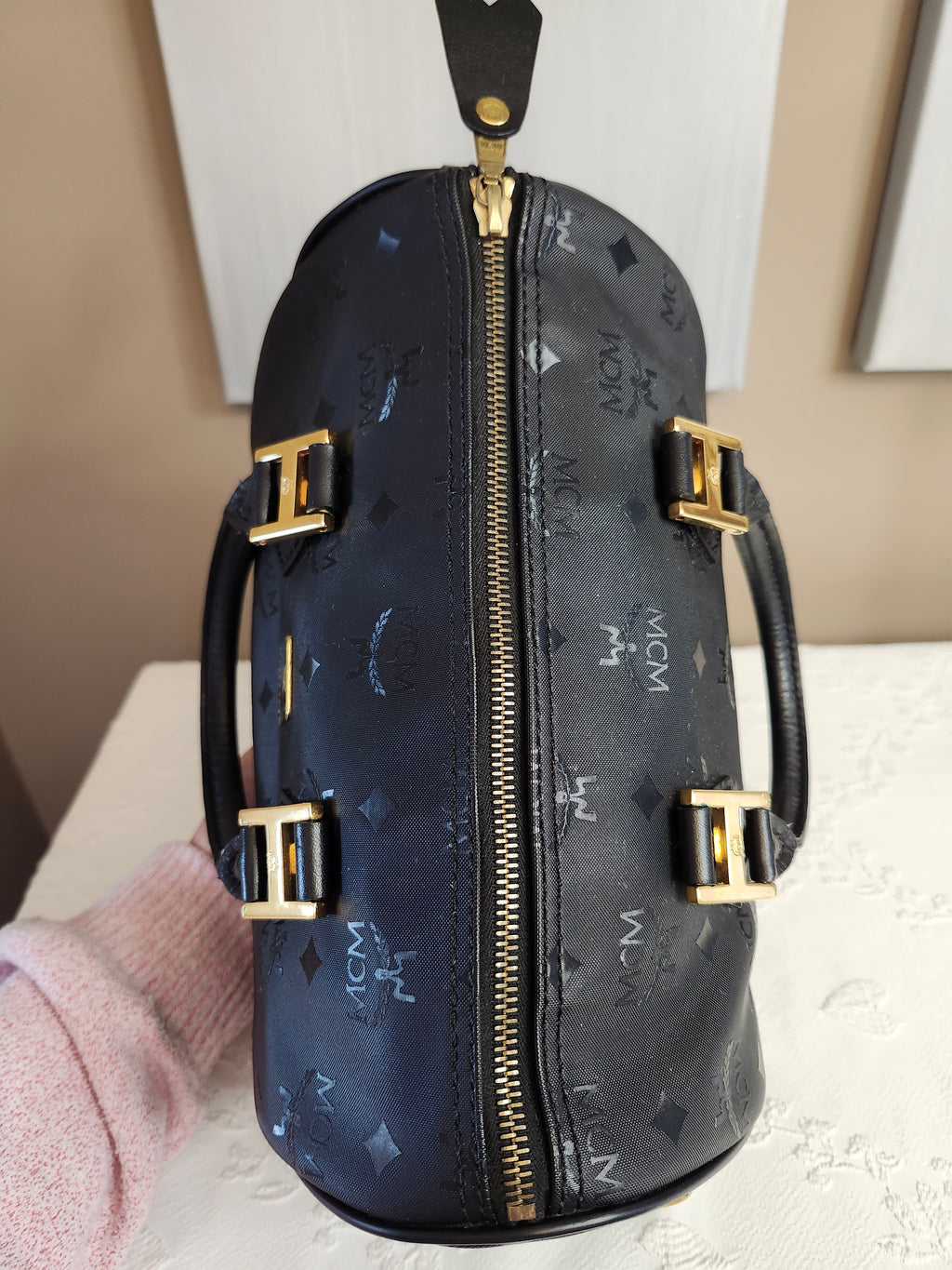 MCM Visetos Monogram Black Boston Bag with Gold Hardware Lock and Keys Included