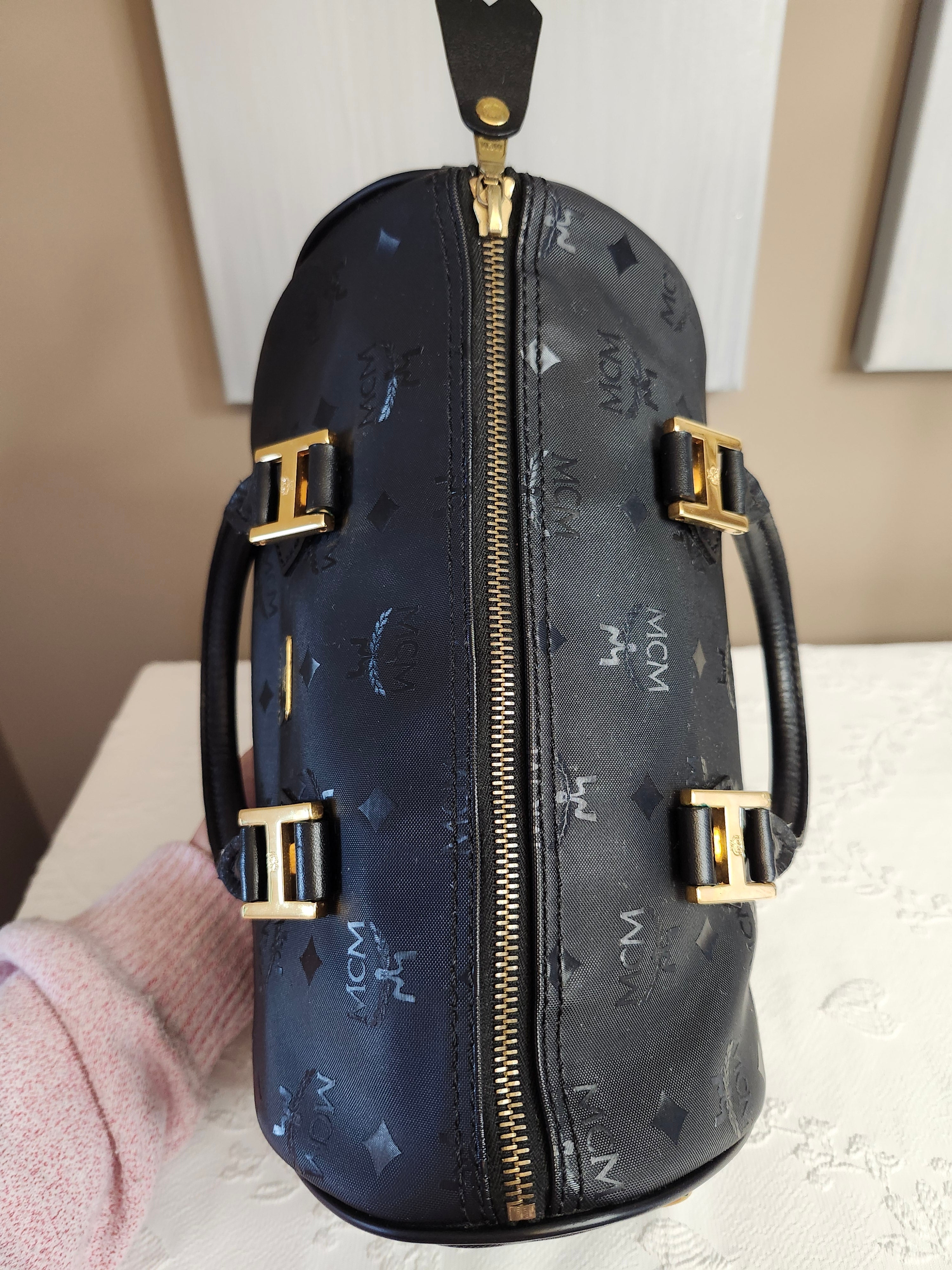 MCM Visetos Monogram Black Boston Bag with Gold Hardware Lock and Keys Included