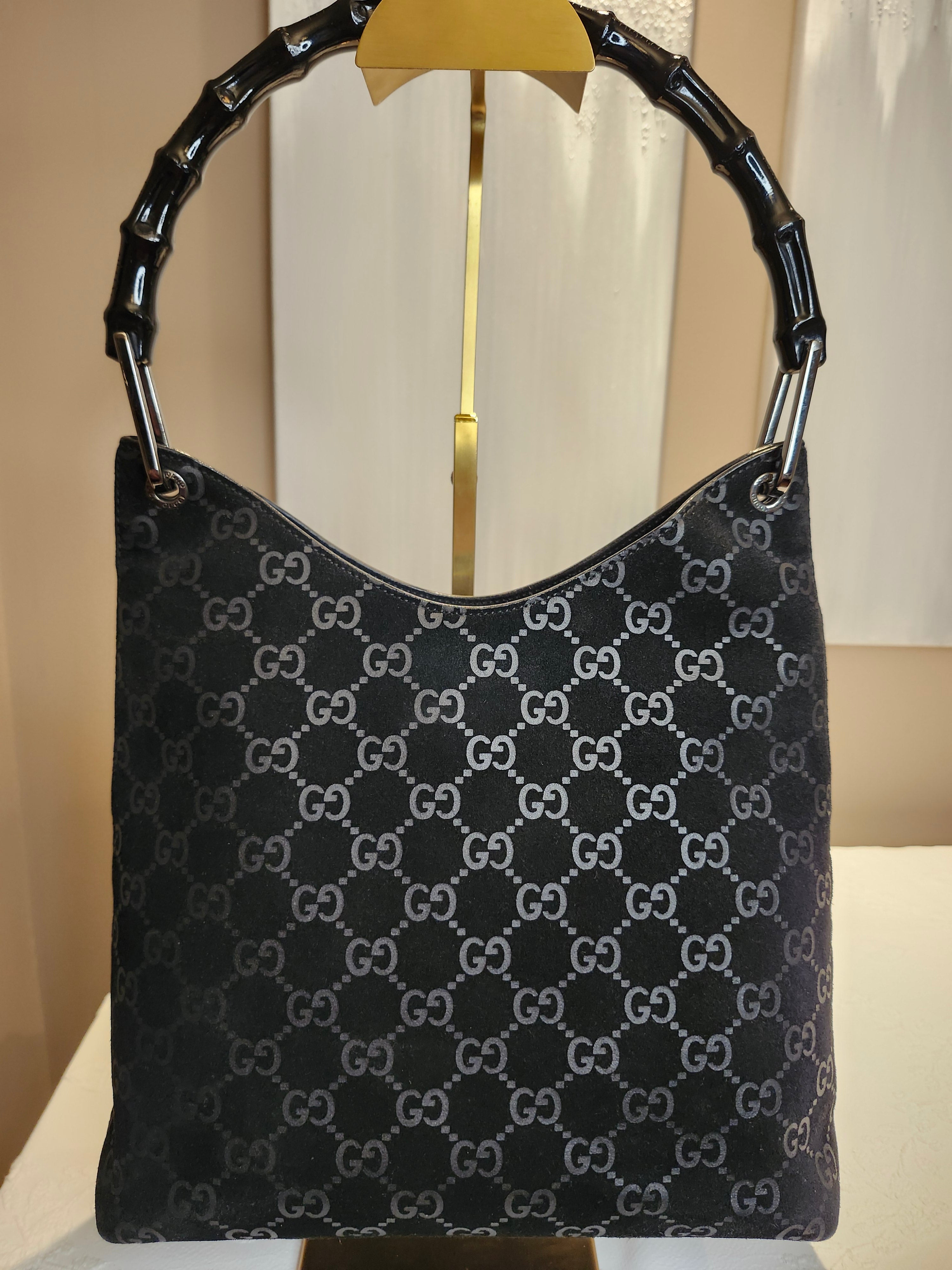 Gucci Black GG Monogram Suede Bamboo Top Handle