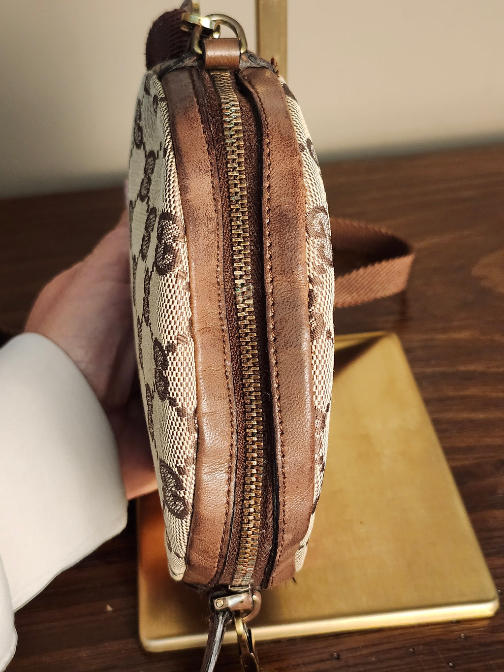 Gucci Bree Beige and Brown GG Canvas and Leather Round Circle Crossbody Bag