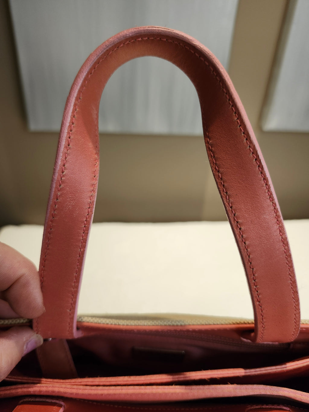 Prada Canvas Beige and Coral Small Tote Bag