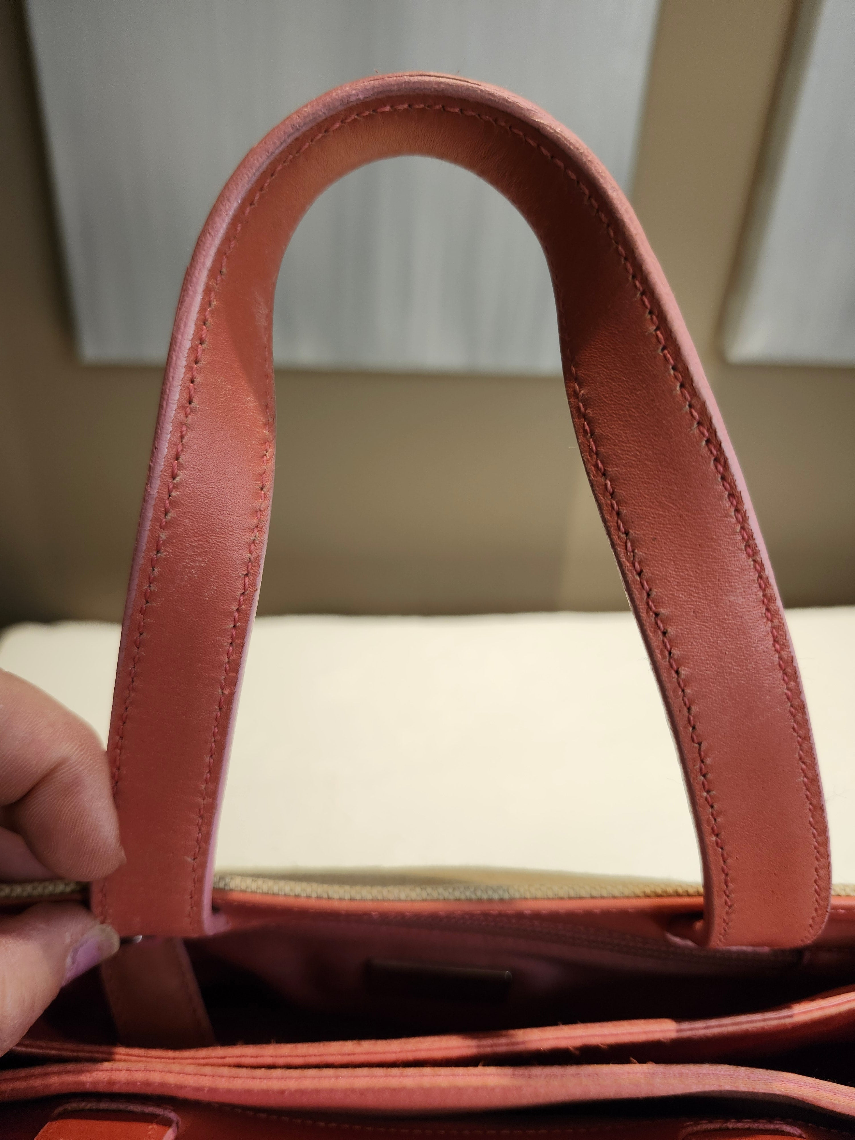 Prada Canvas Beige and Coral Small Tote Bag