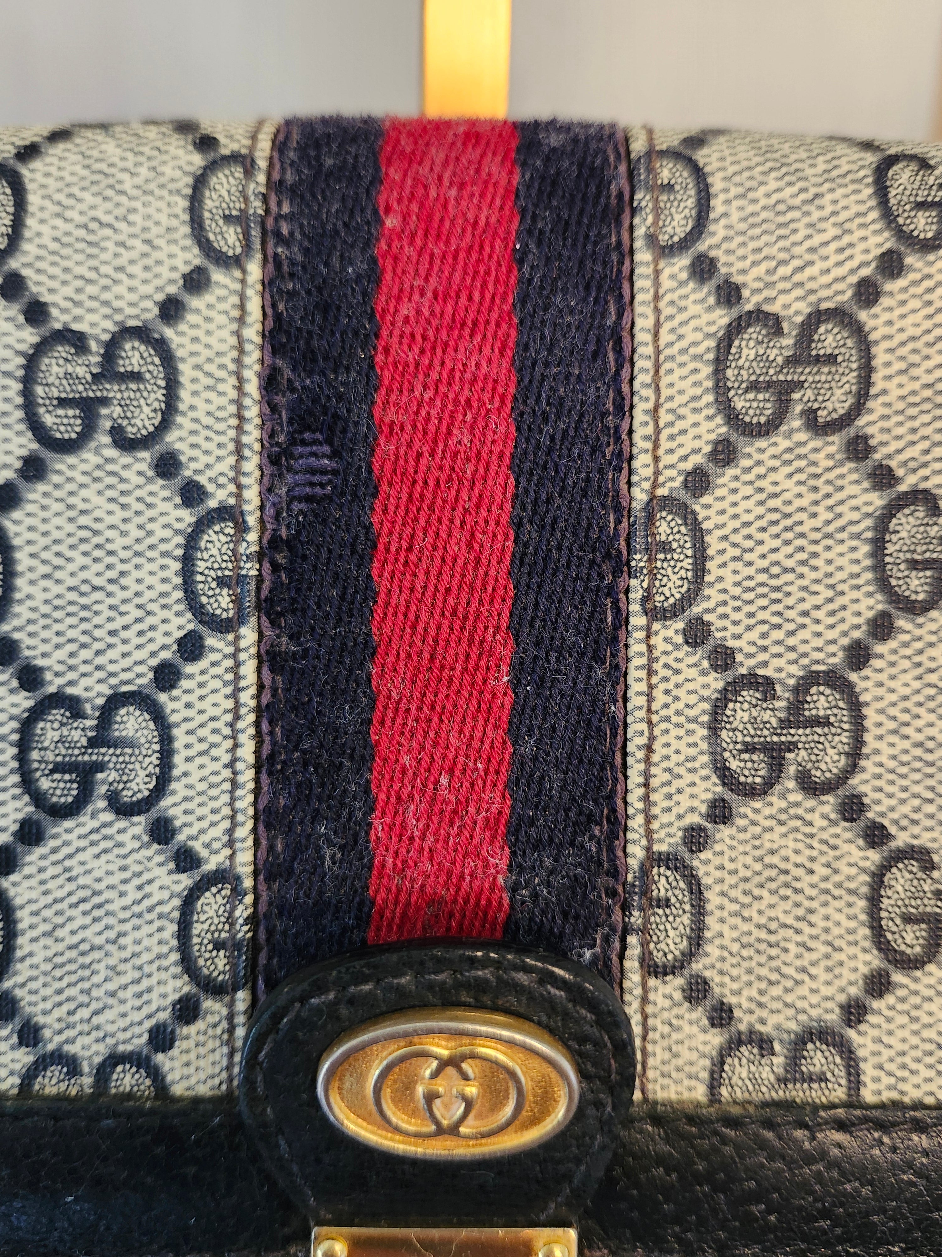 Gucci GG Supreme Sherry Line Stripe Shoulder Bag in Navy Gray, Gold and Red