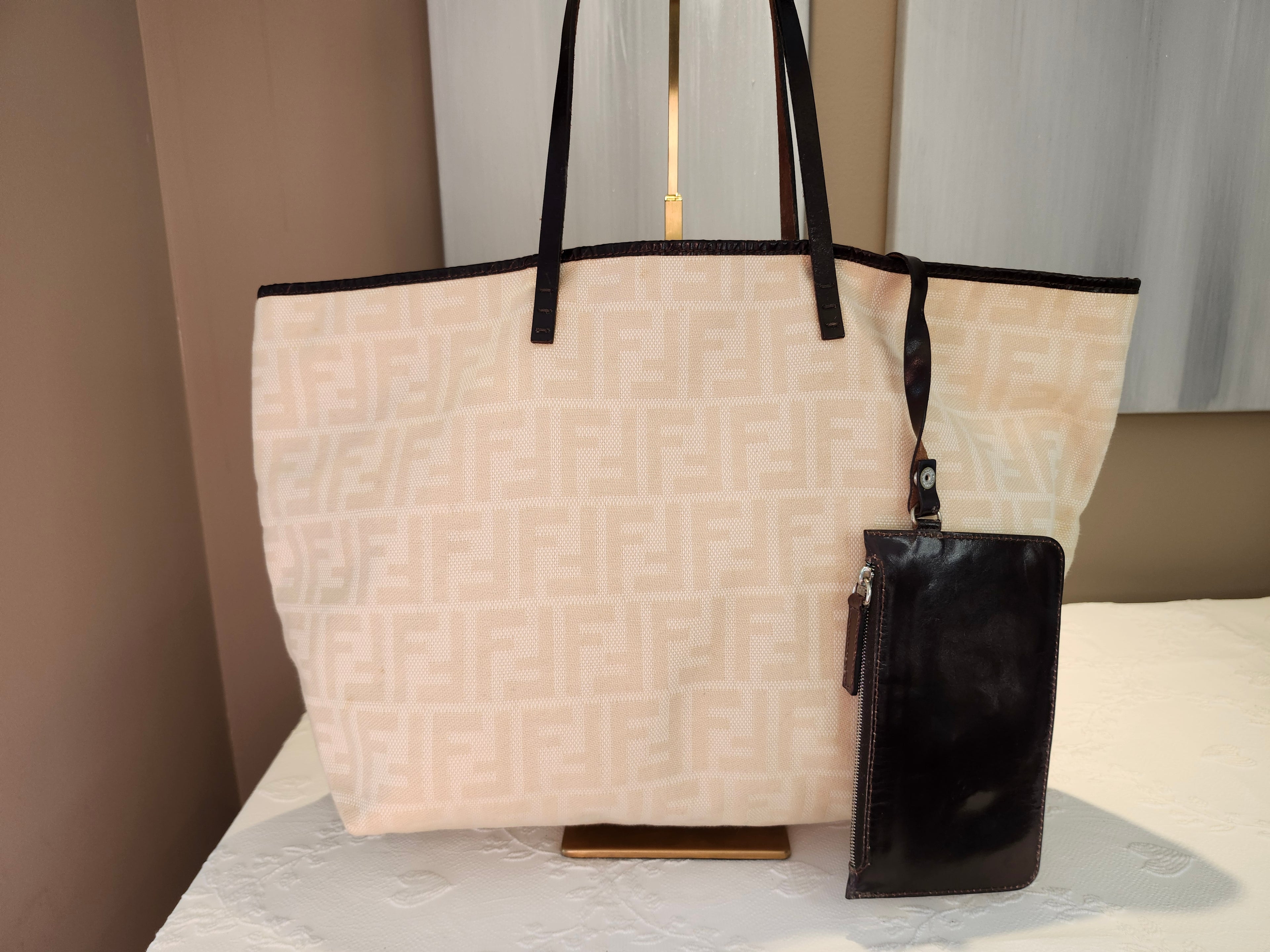 Fendi FF Monogram Cream Neverfull Tote Bag with Leather Pouch Insert
