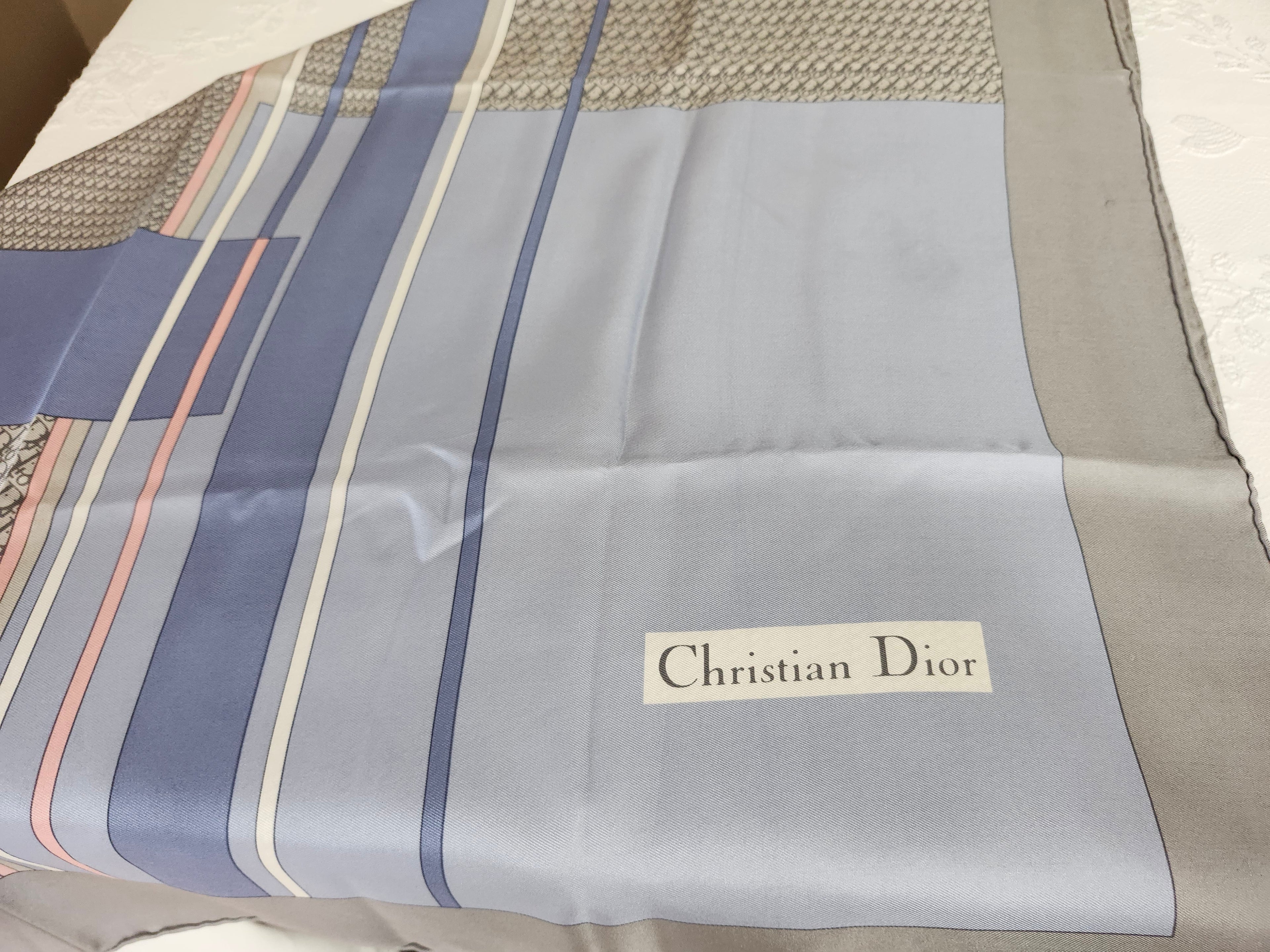 Christian Dior Trotter Geometric Silk Scarf in Blue, Grey, Coral and Grey