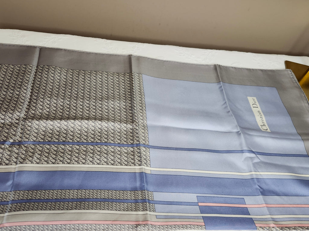 Christian Dior Trotter Geometric Silk Scarf in Blue, Grey, Coral and Grey