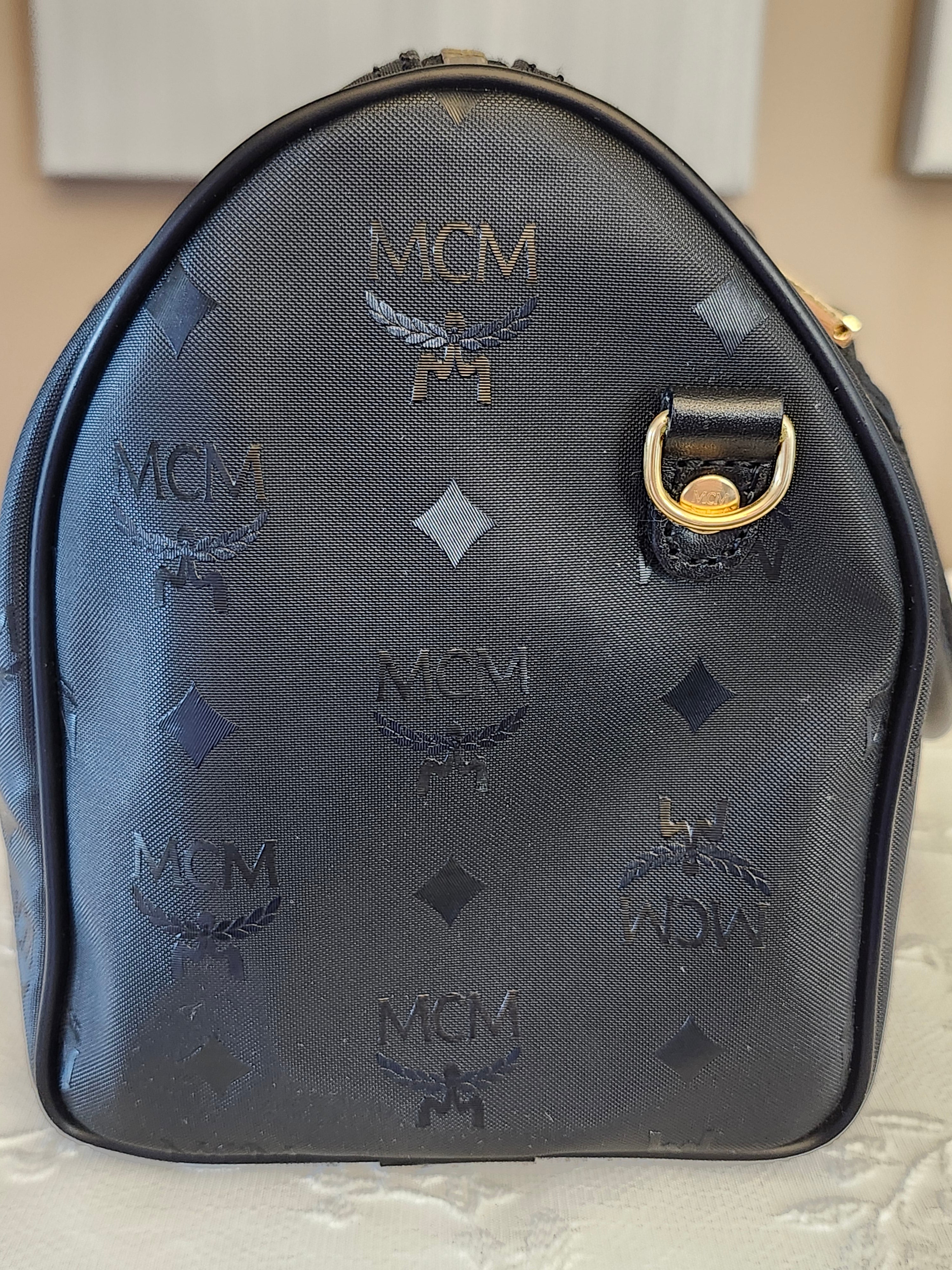 MCM Visetos Monogram Black Boston Bag with Gold Hardware Lock and Keys Included