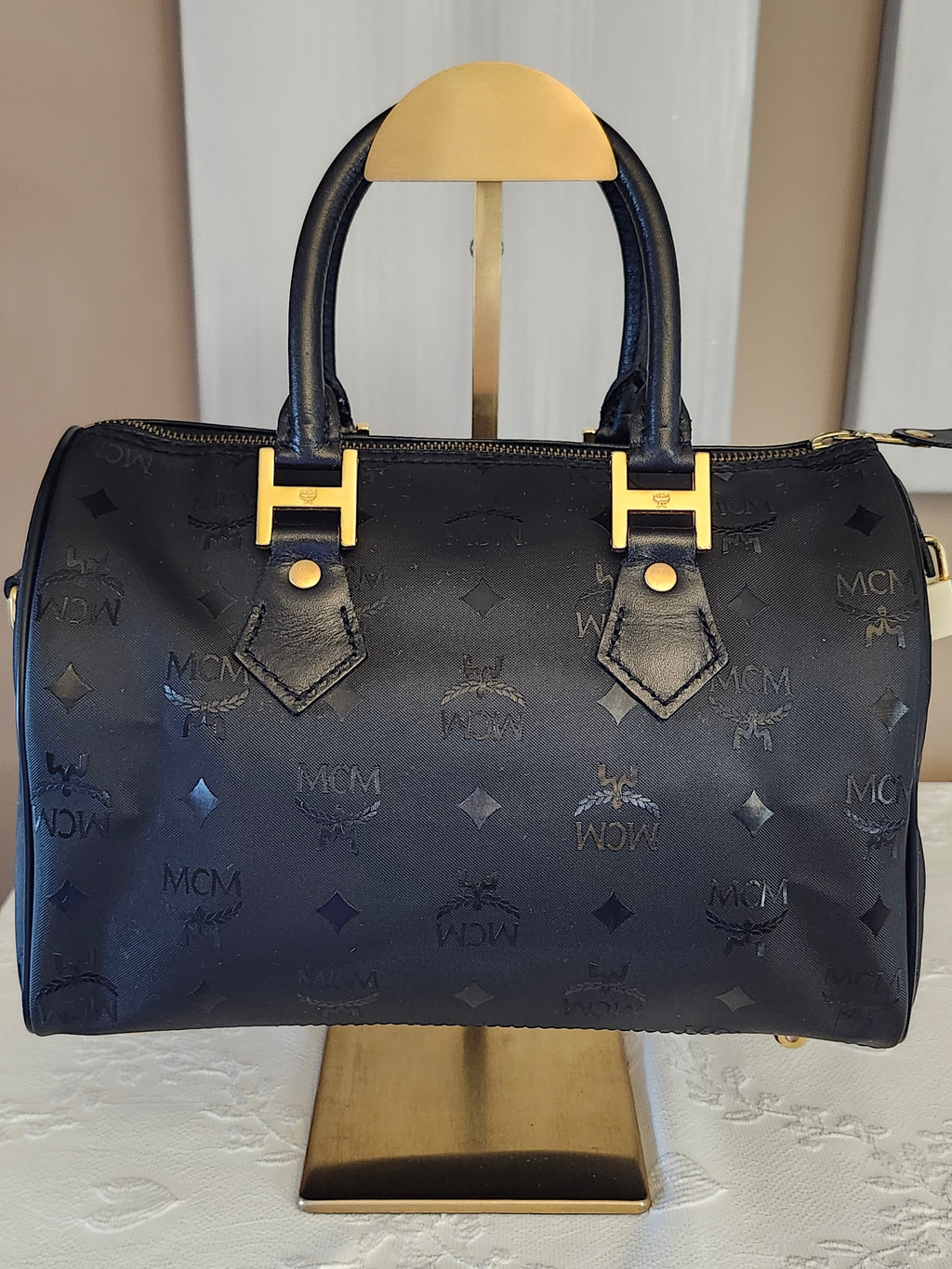 MCM Visetos Monogram Black Boston Bag with Gold Hardware Lock and Keys Included