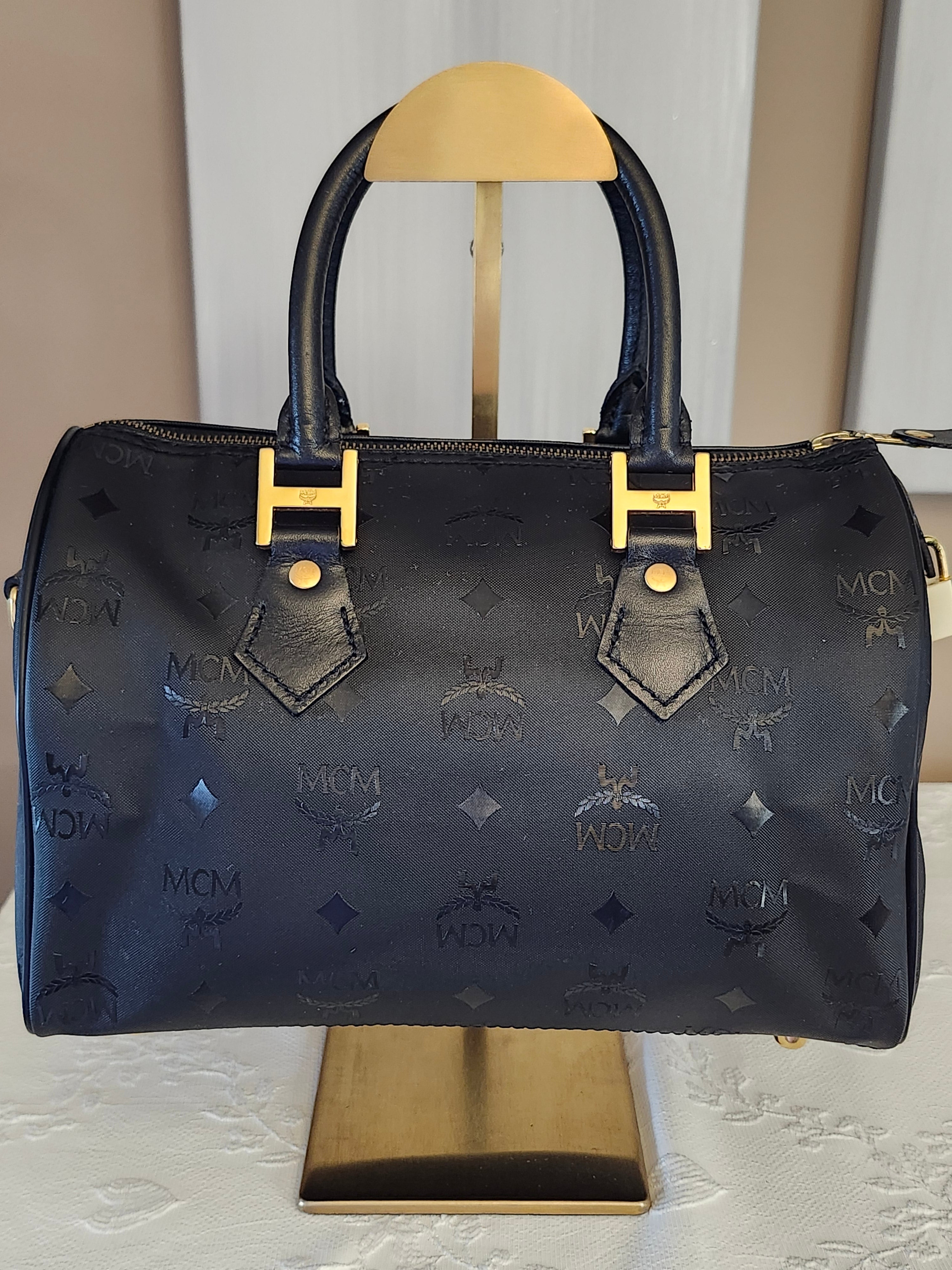 MCM Visetos Monogram Black Boston Bag with Gold Hardware Lock and Keys Included