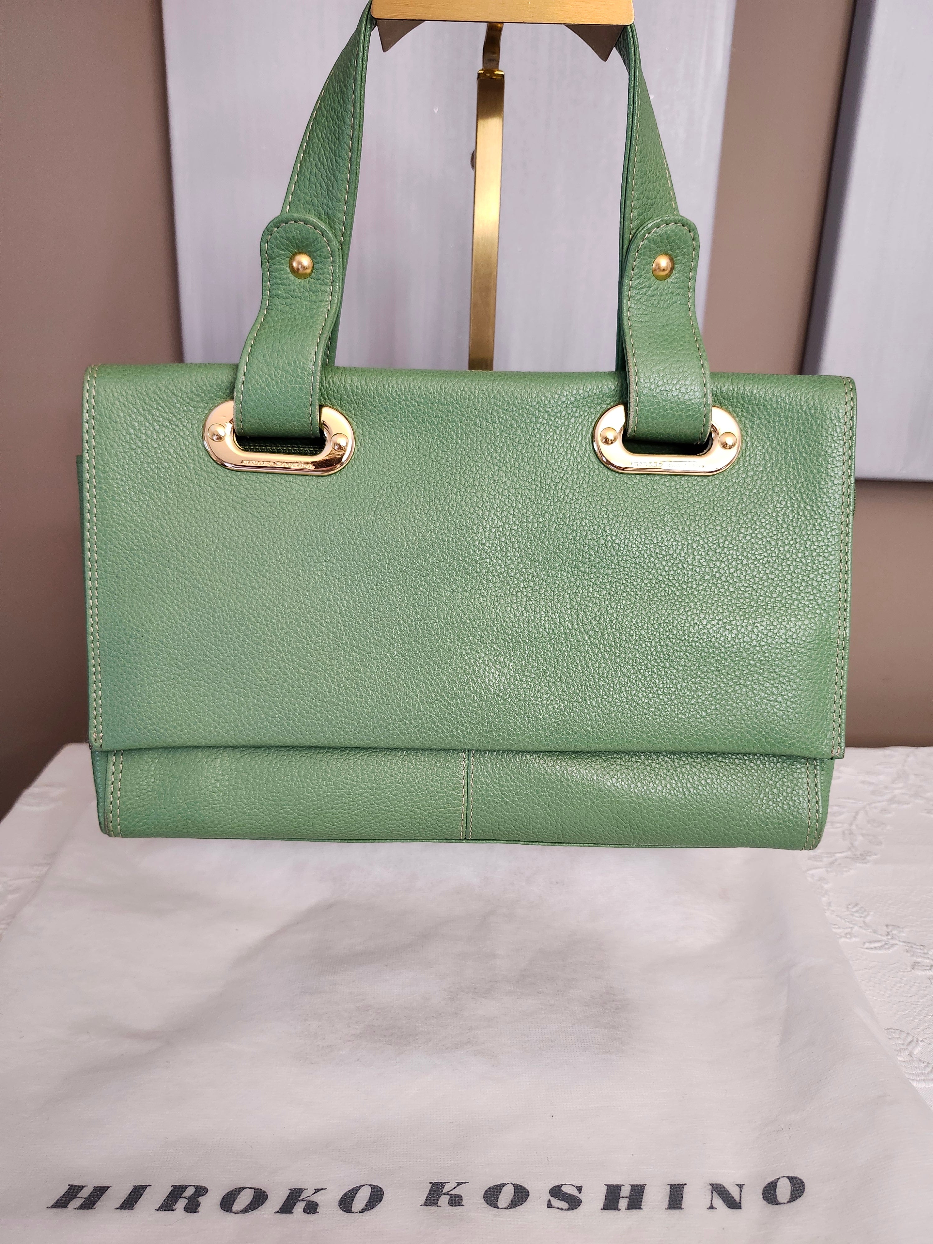Hiroko Koshino Green Leather Handbag with Gold Hardware