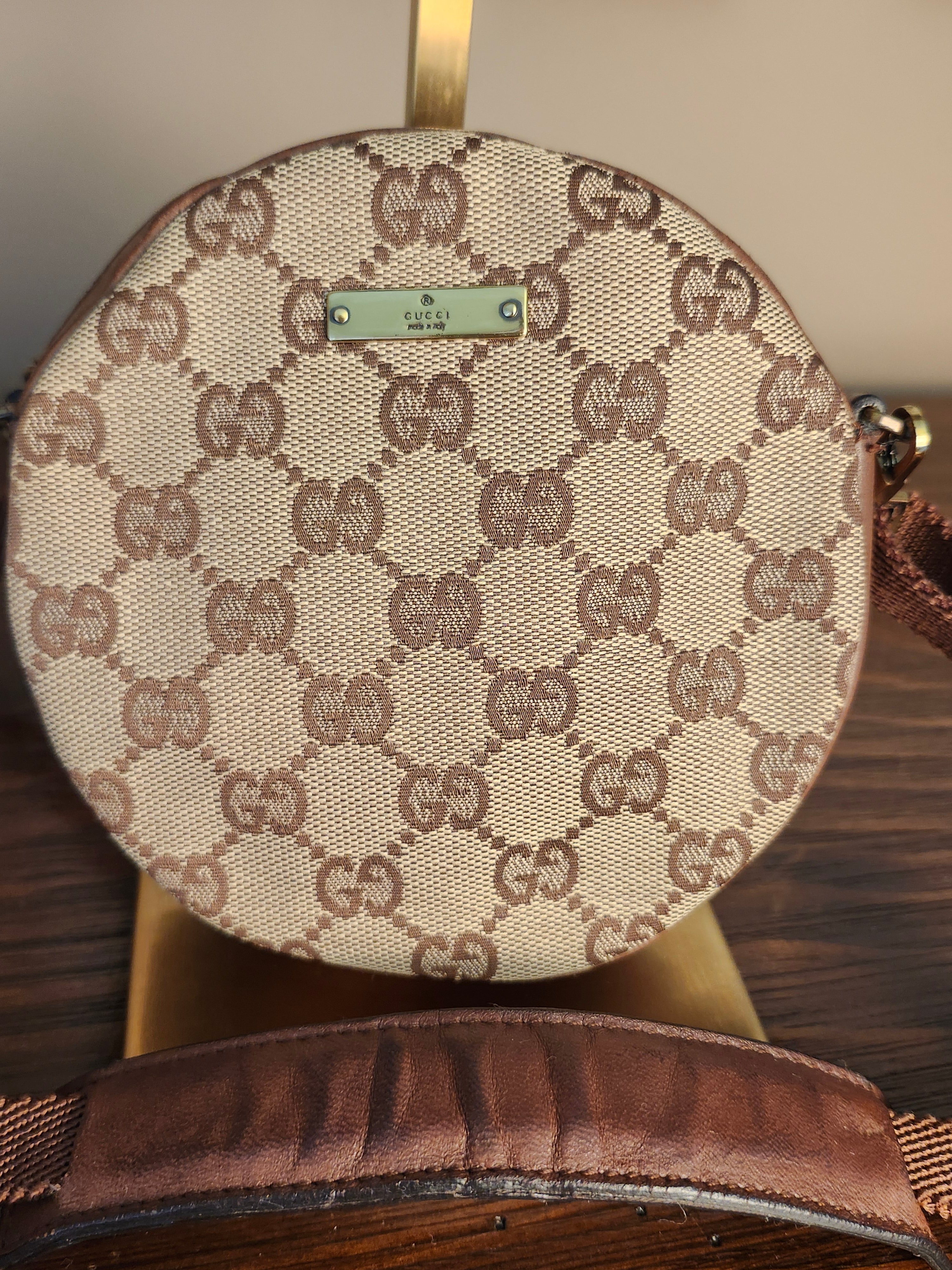 Gucci Bree Beige and Brown GG Canvas and Leather Round Circle Crossbody Bag