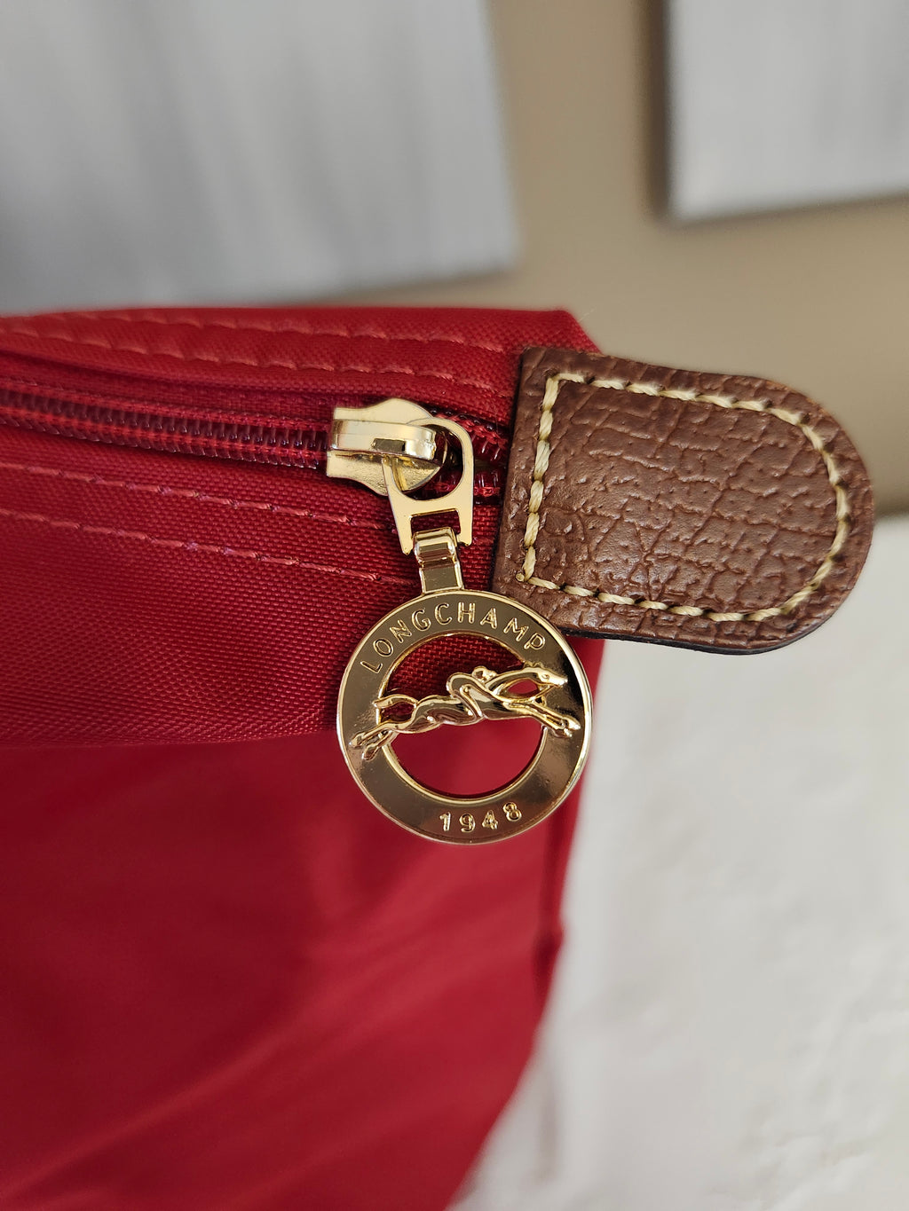 Longchamp Le Pliage "Shopping" Red Nylon and Leather Tote Bag