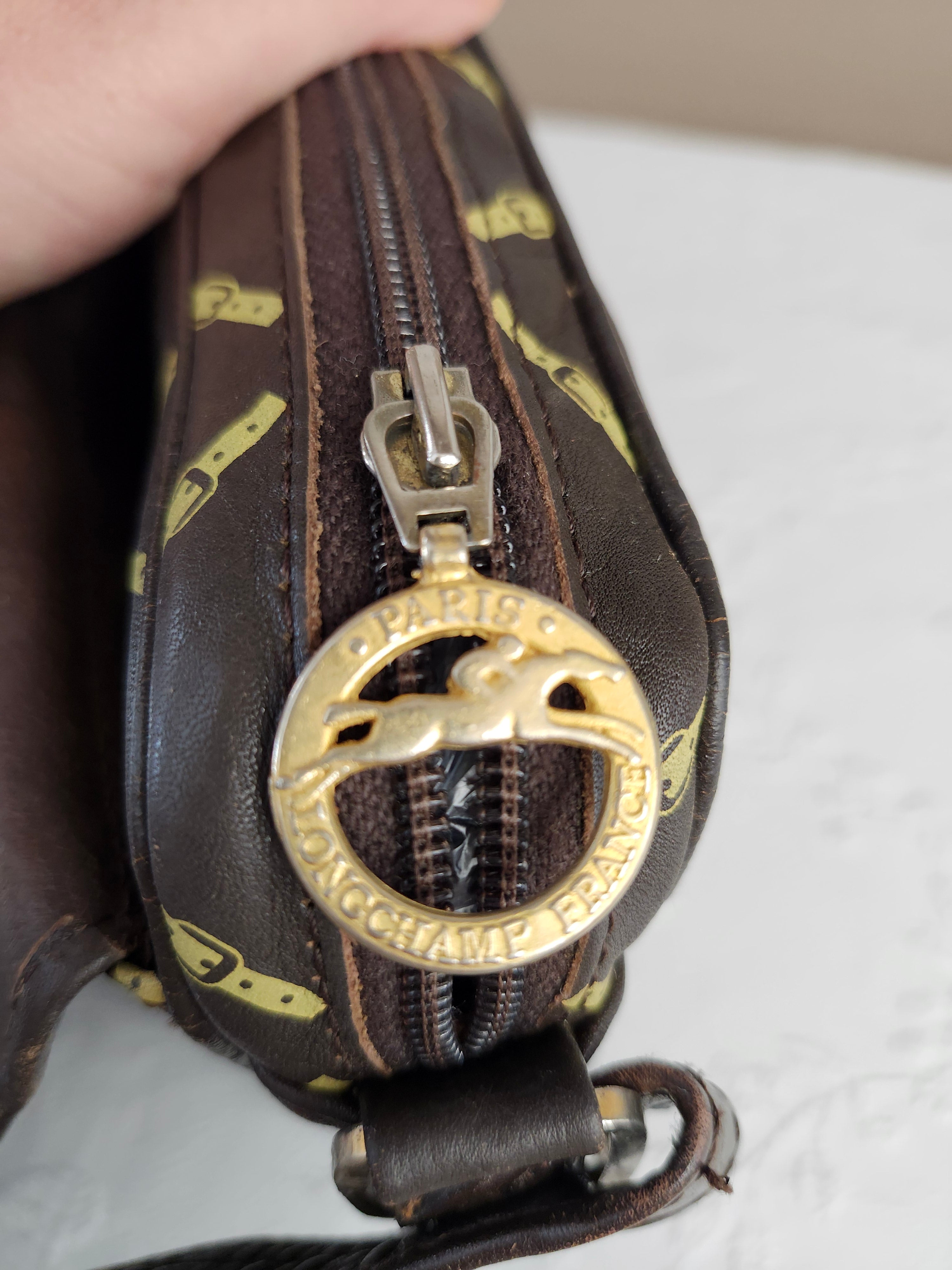 Longchamp Vintage Brown Leather Horse Bit Pattern Shoulder Bag
