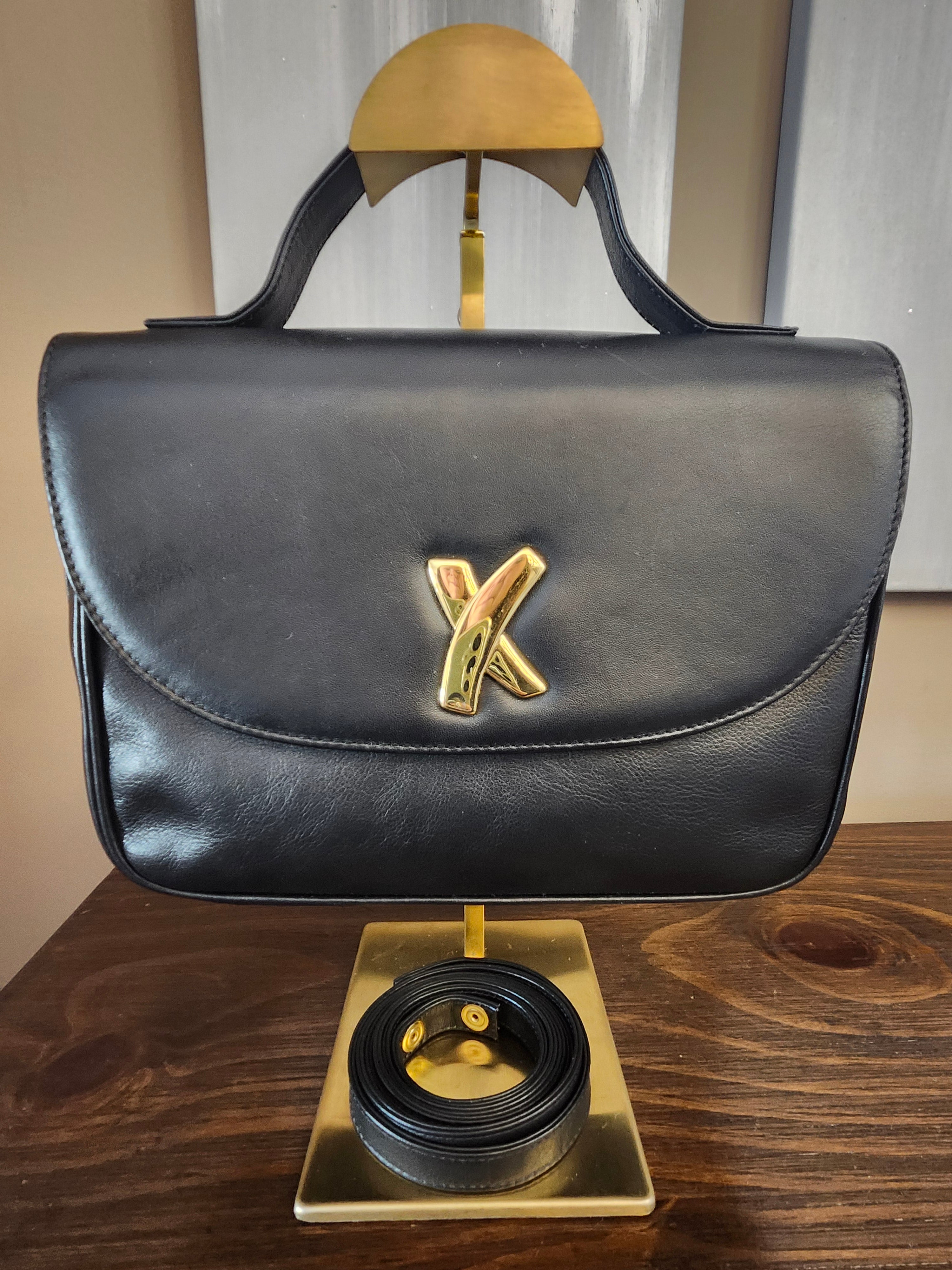Paloma Picasso By Tiffany Black Leather 2 Way Hand Shoulder Bag with Gold Accent